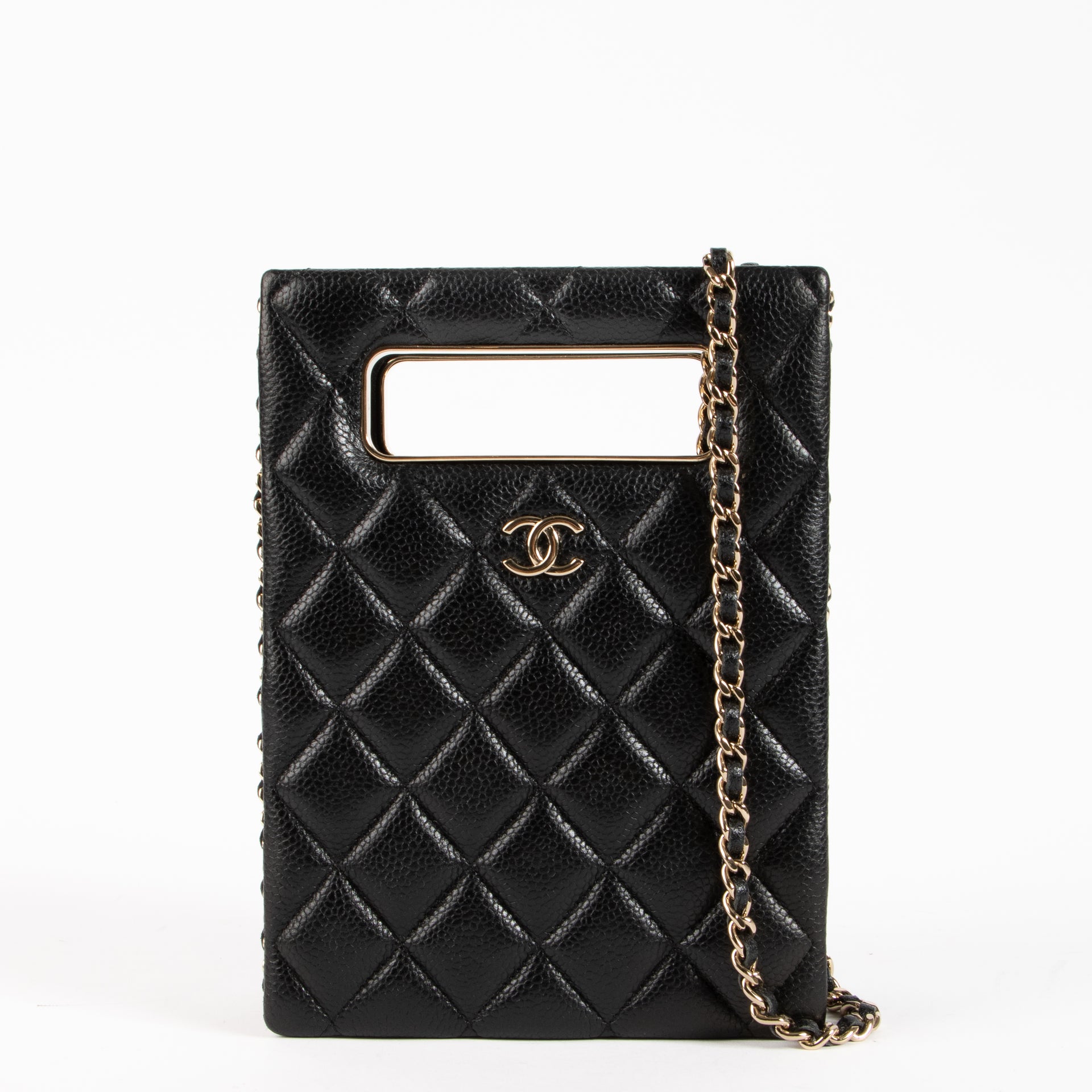 Chanel Black Caviar Cut Out Handle Evening Tote Bag