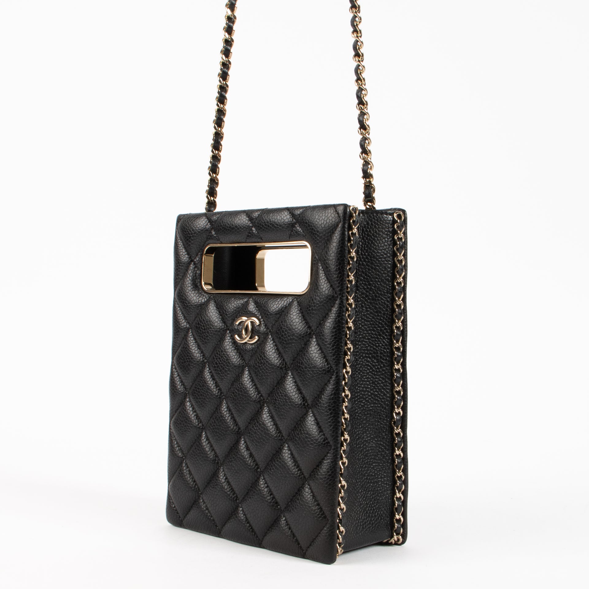 Chanel Black Caviar Cut Out Handle Evening Tote Bag
