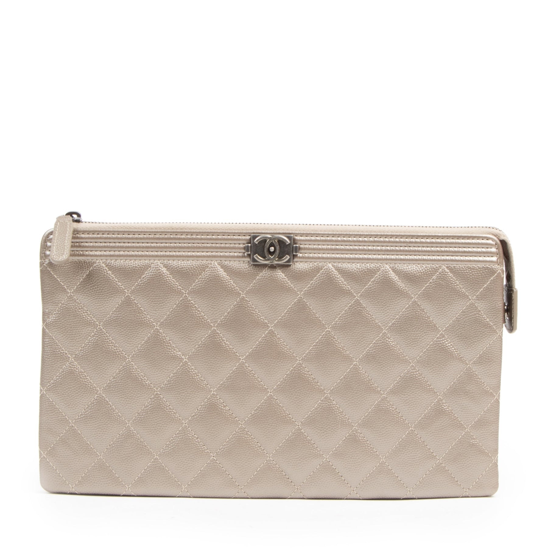 Authentic second-hand vintage Chanel Bronze Leather Caviar Boy Clutch buy online webshop LabelLOV
