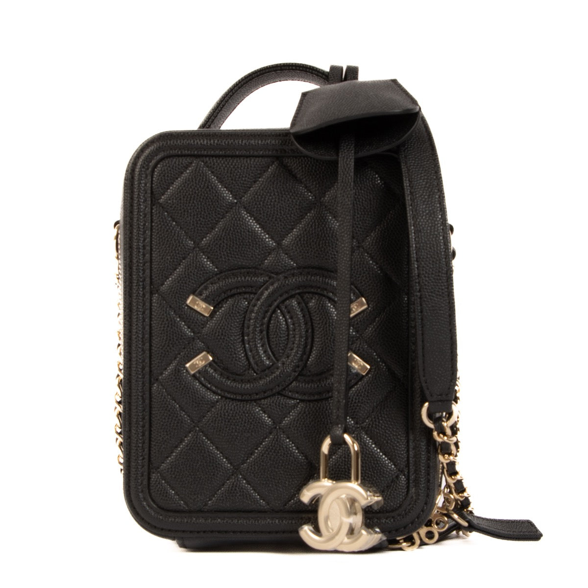 Buy real authentic Chanel Black North South CC Filigree Vanity Case safe online at Labellov.com or in Brussels, Knokke and Antwerp