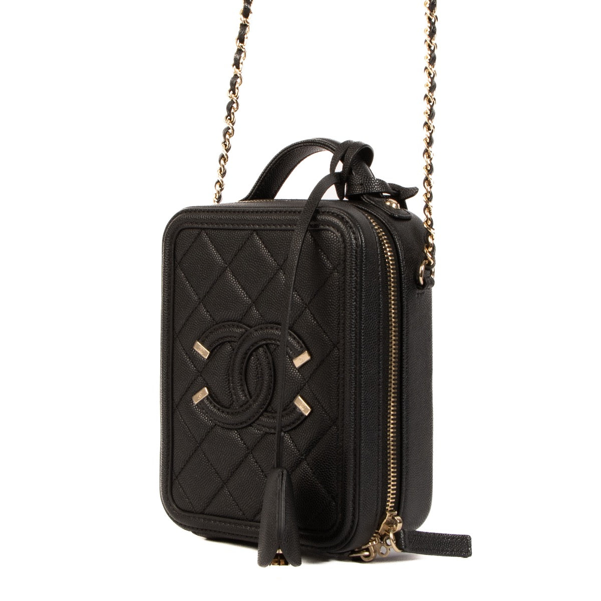 Buy real authentic Chanel Black North South CC Filigree Vanity Case safe online at Labellov.com or in Brussels, Knokke and Antwerp