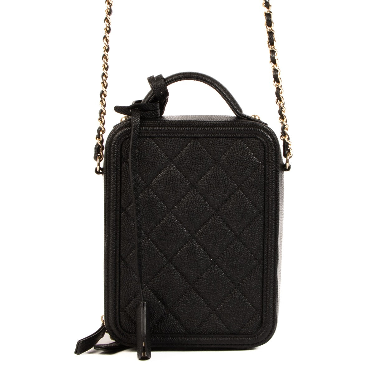 Buy real authentic Chanel Black North South CC Filigree Vanity Case safe online at Labellov.com or in Brussels, Knokke and Antwerp