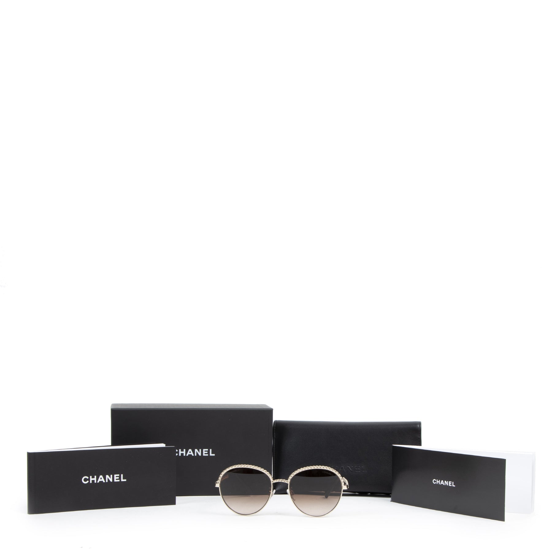 Authentieke tweedehands vintage Chanel Gold Pantos sunglasses koop online webshop LabelLOV