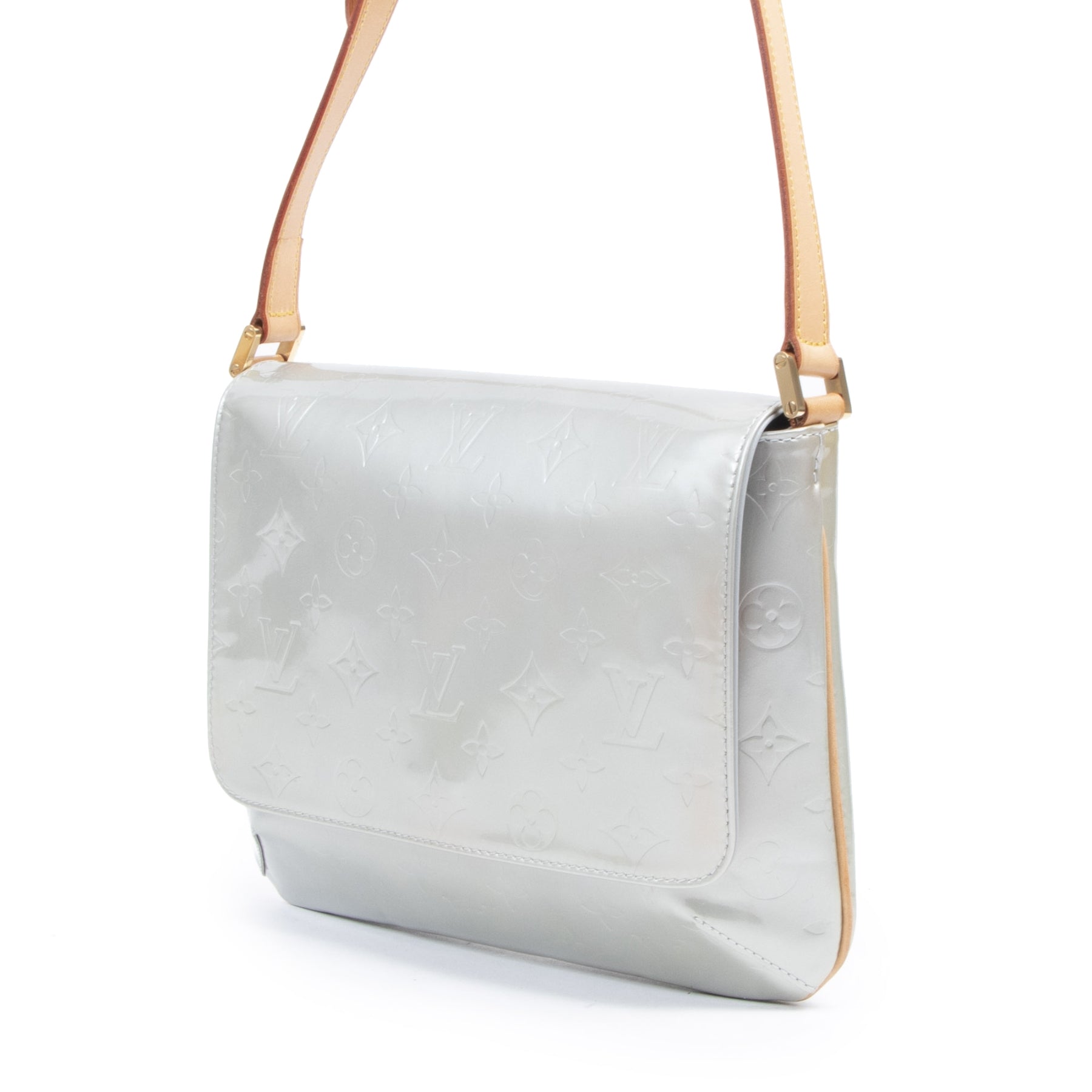 Authentique seconde-main vintage Louis Vuitton Icy Blue Vernis Thompson Street Shoulder Bag achète en ligne webshop LabelLOV