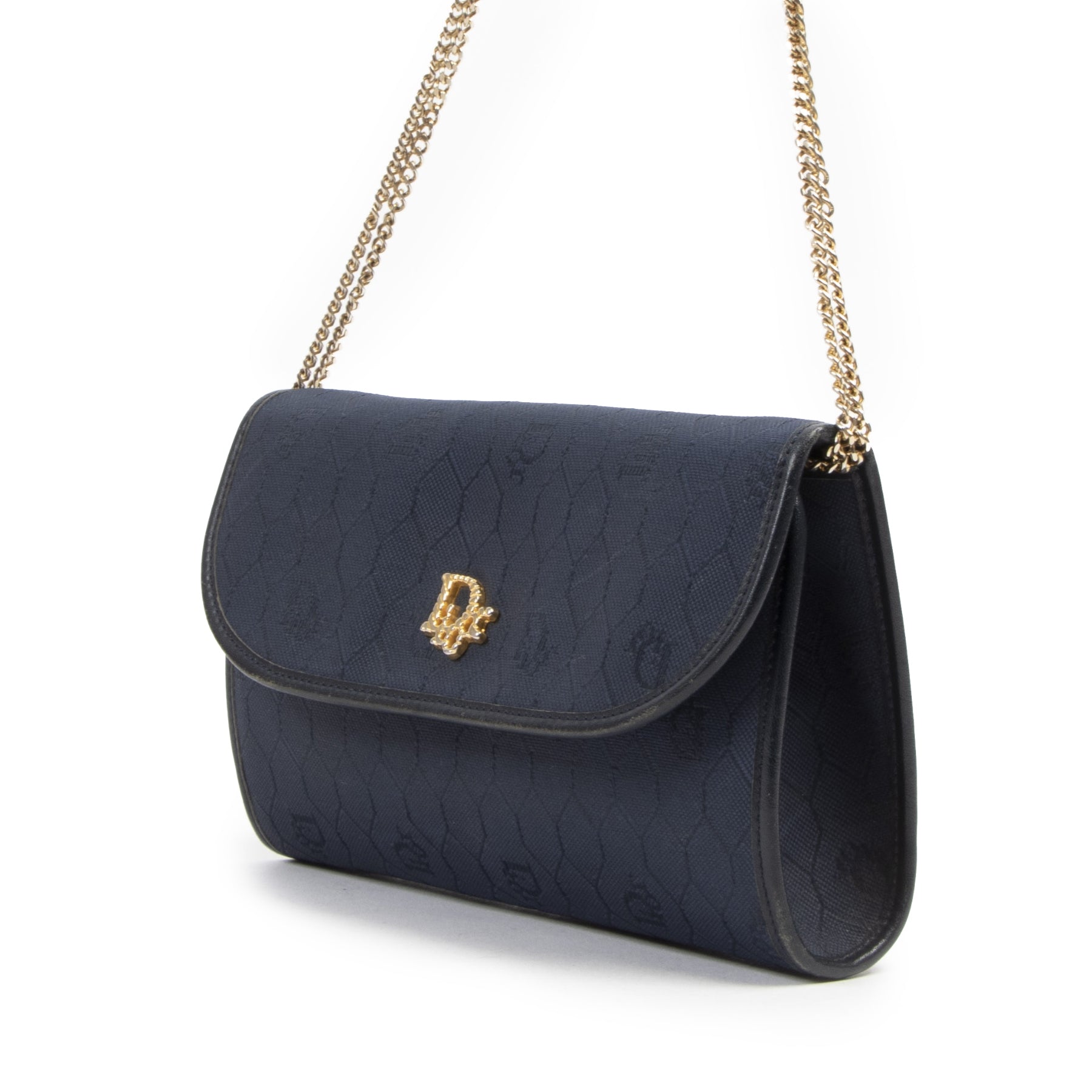 Authentieke tweedehands vintage Christian Dior Honeycomb Navy Canvas Chain Crossbody Bag koop online webshop LabelLOV