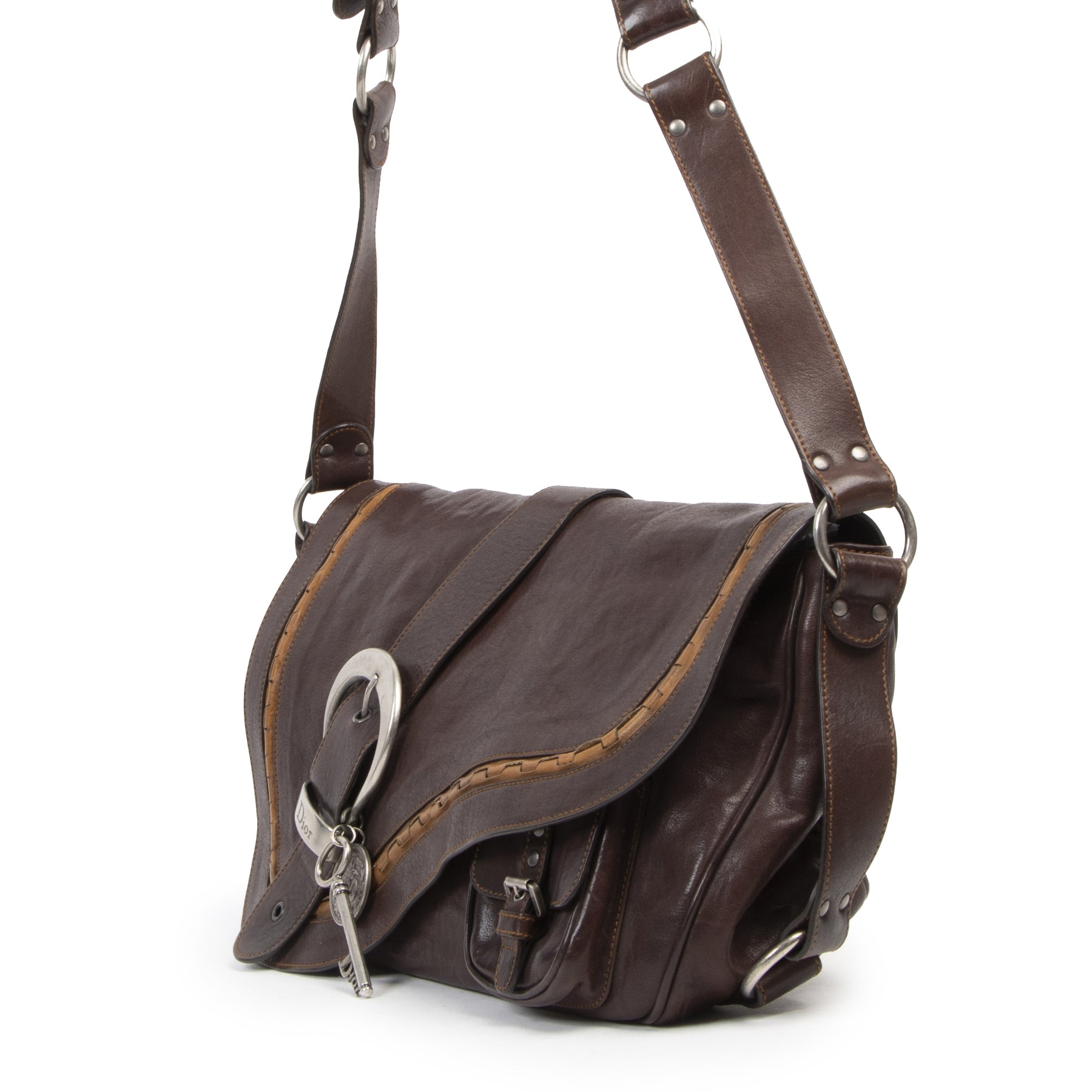 Authentieke tweedehands vintage Dior Brown Gaucho Messenger Bag koop online webshop LabelLOV