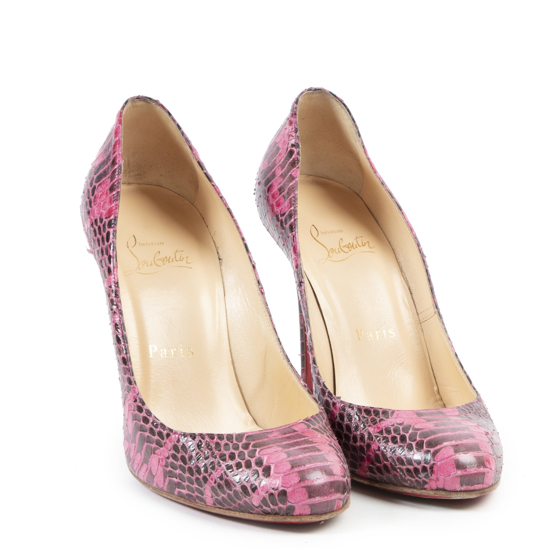 Authentieke Tweedehands Christian Louboutin Pink Python Fifi Pumps - Size 36 juiste prijs veilig online shoppen luxe merken webshop winkelen Antwerpen België mode fashion
