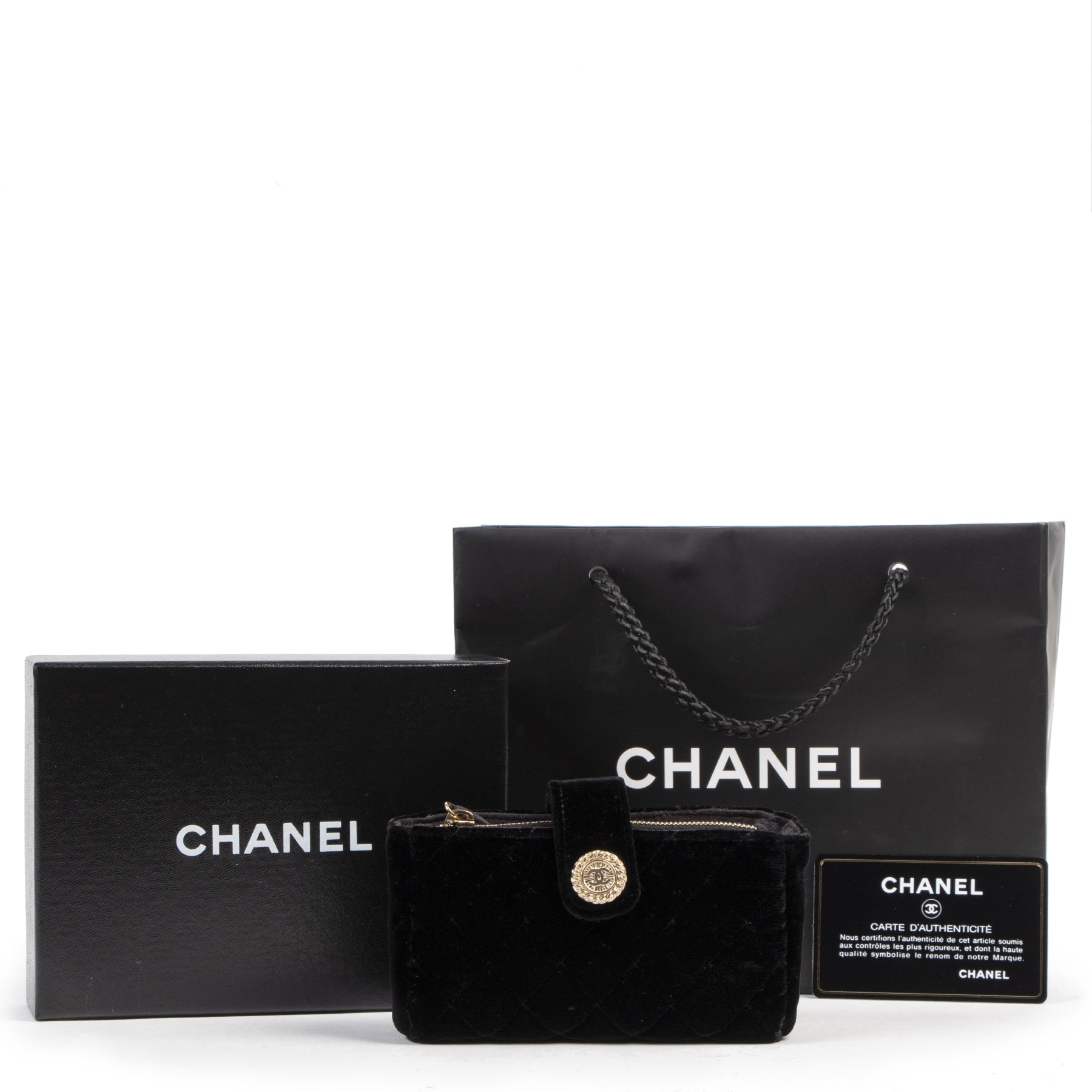 Authentique seconde-main vintage Chanel Black Velvet Wallet achète en ligne webshop LabelLOV