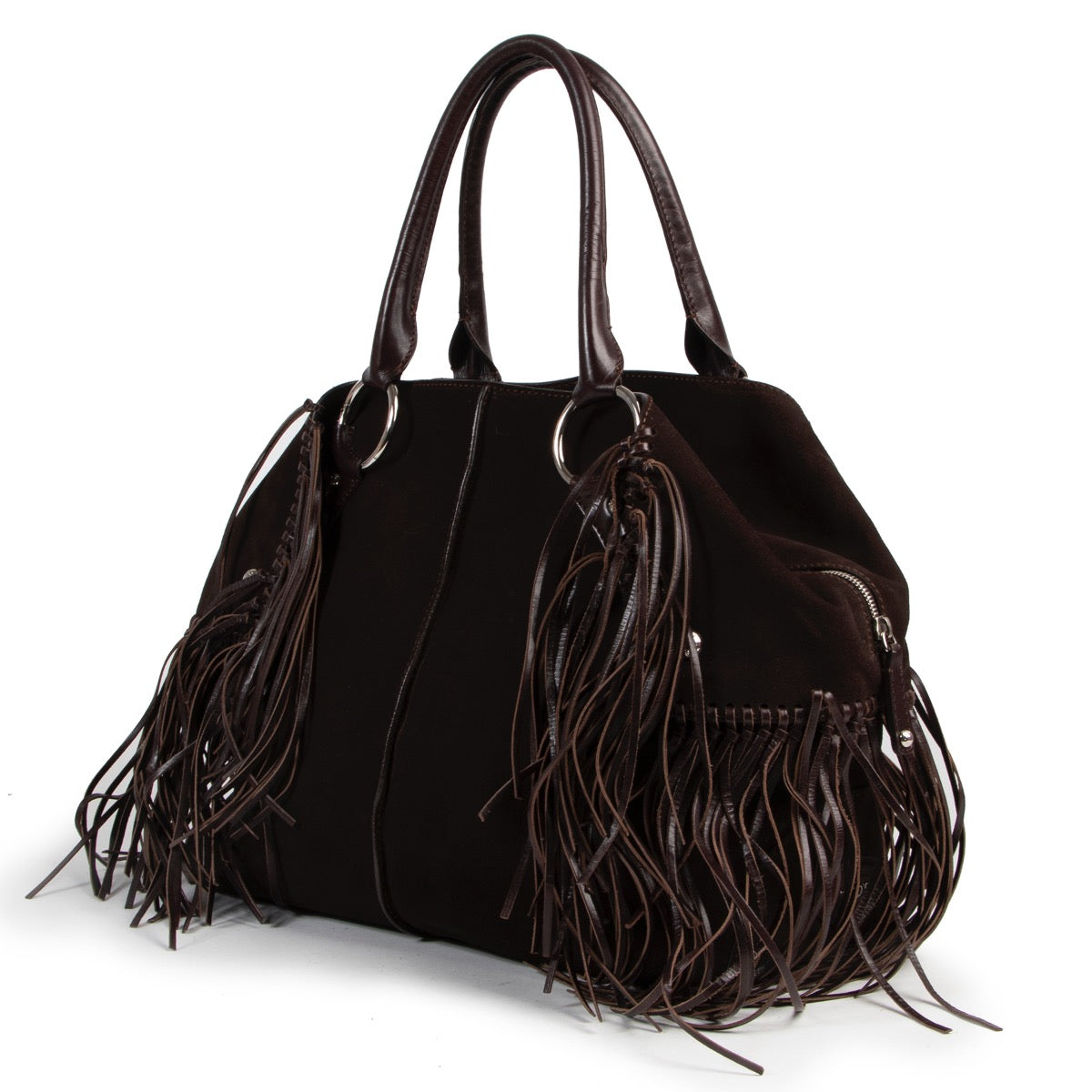 Koop veilig online op labellov.com Tod's schoudertas in donker bruin suede.