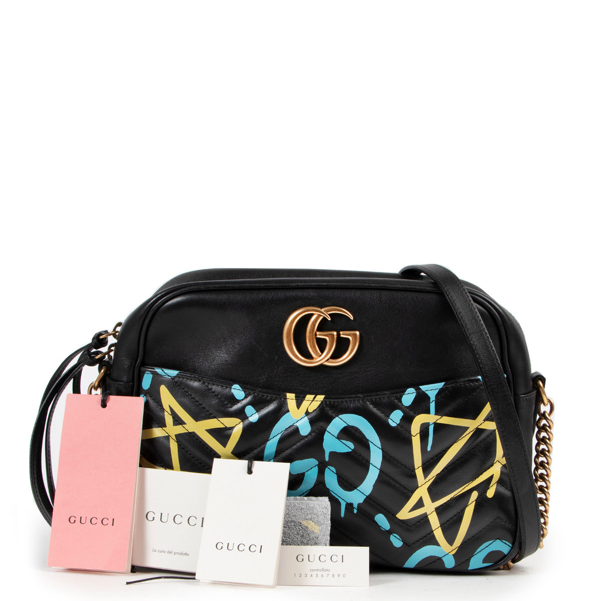 Gucci Black Graffiti Leather GG Marmont Crossbody Bag