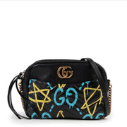 Gucci Black Graffiti Leather GG Marmont Crossbody Bag