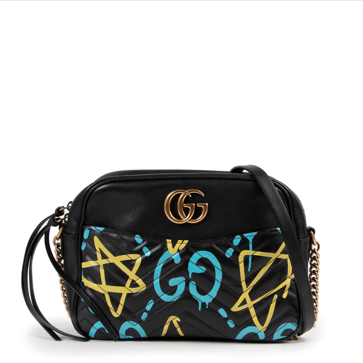 Gucci Black Graffiti Leather GG Marmont Crossbody Bag