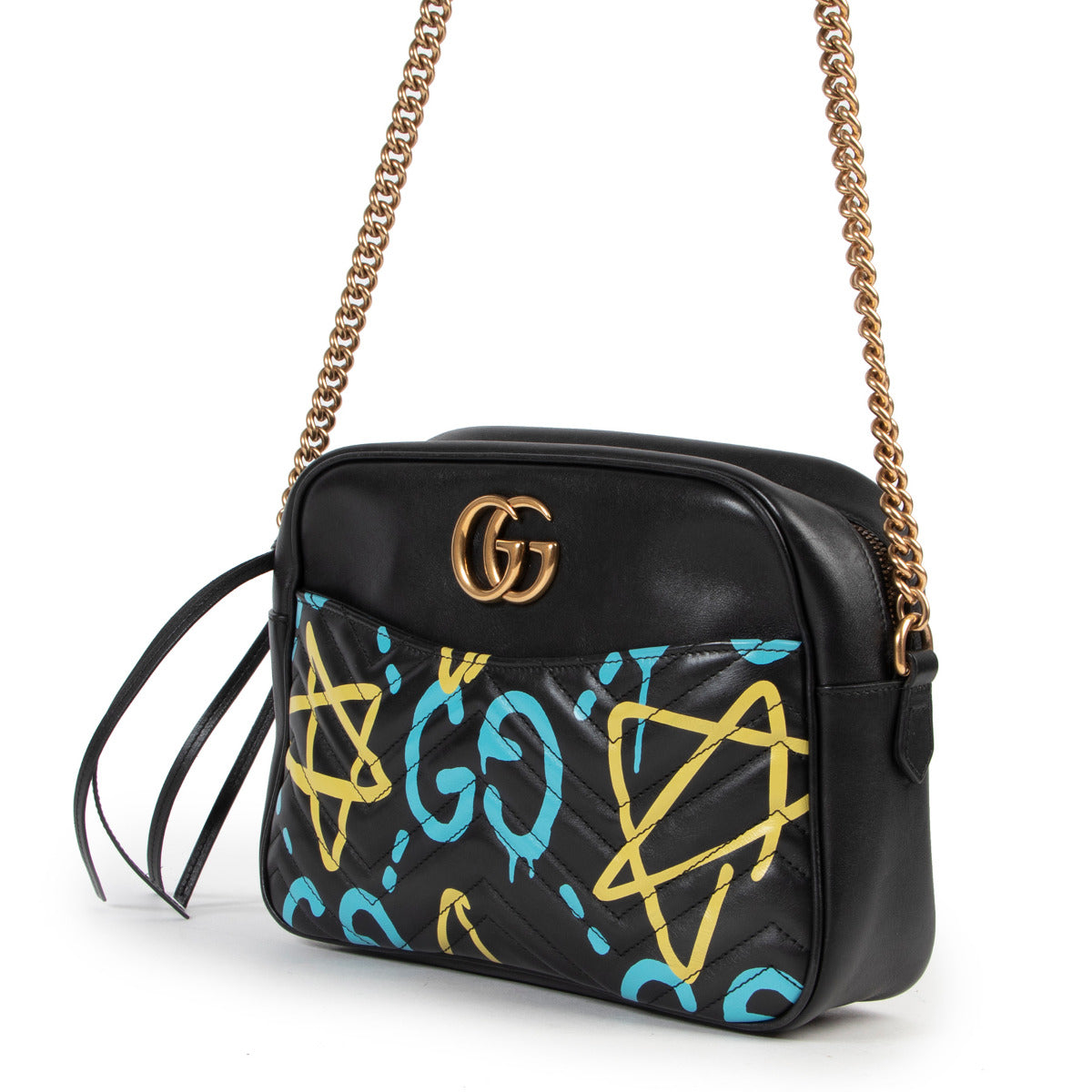 Gucci Zwarte Graffiti Leren GG Marmont Crossbody Tas