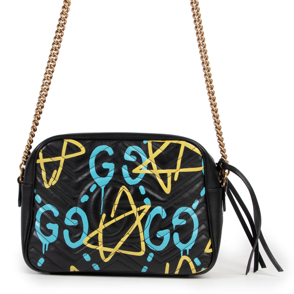 Gucci Zwarte Graffiti Leren GG Marmont Crossbody Tas