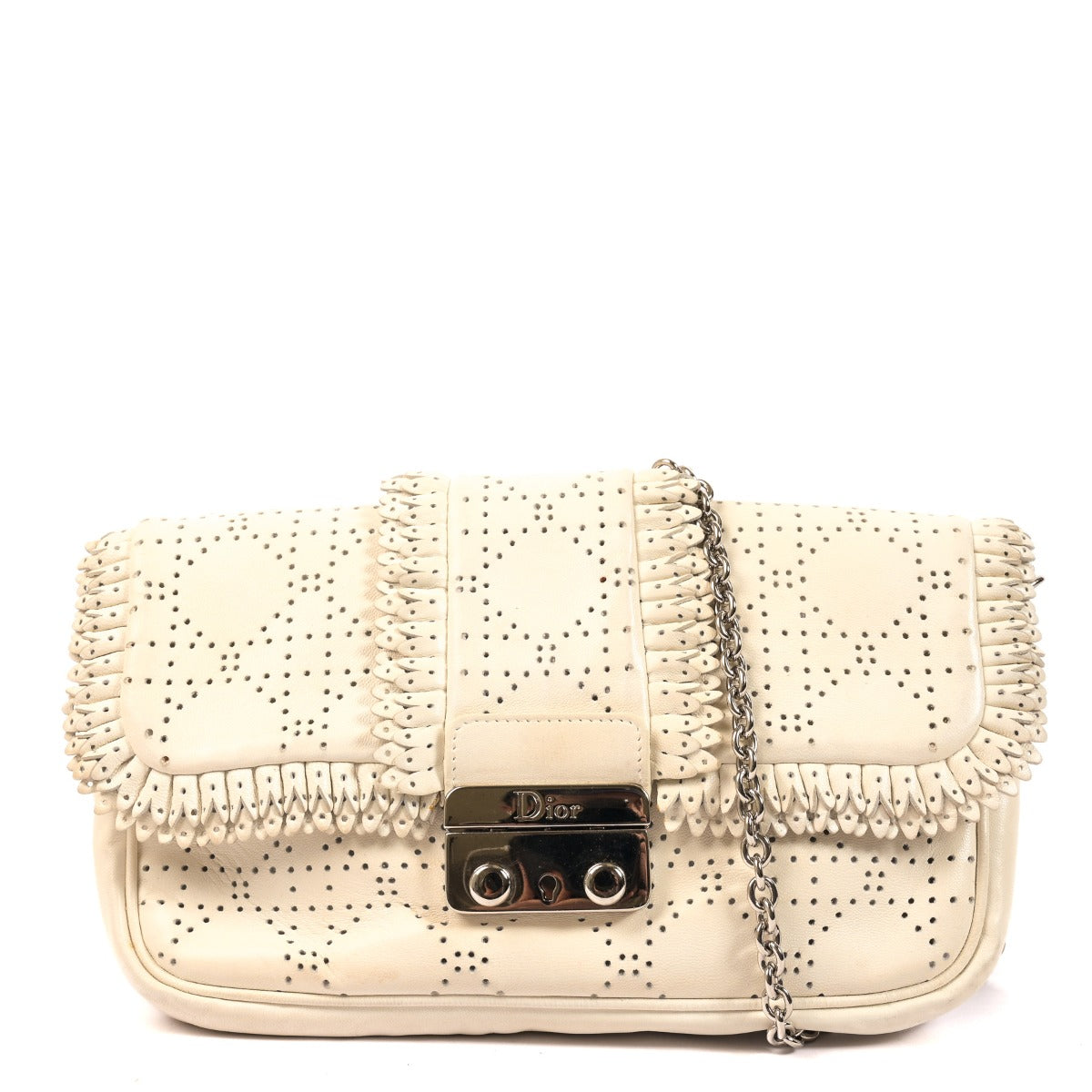 Christian Dior White Ruffle Cannage Perforated Lambskin New Lock Pouch