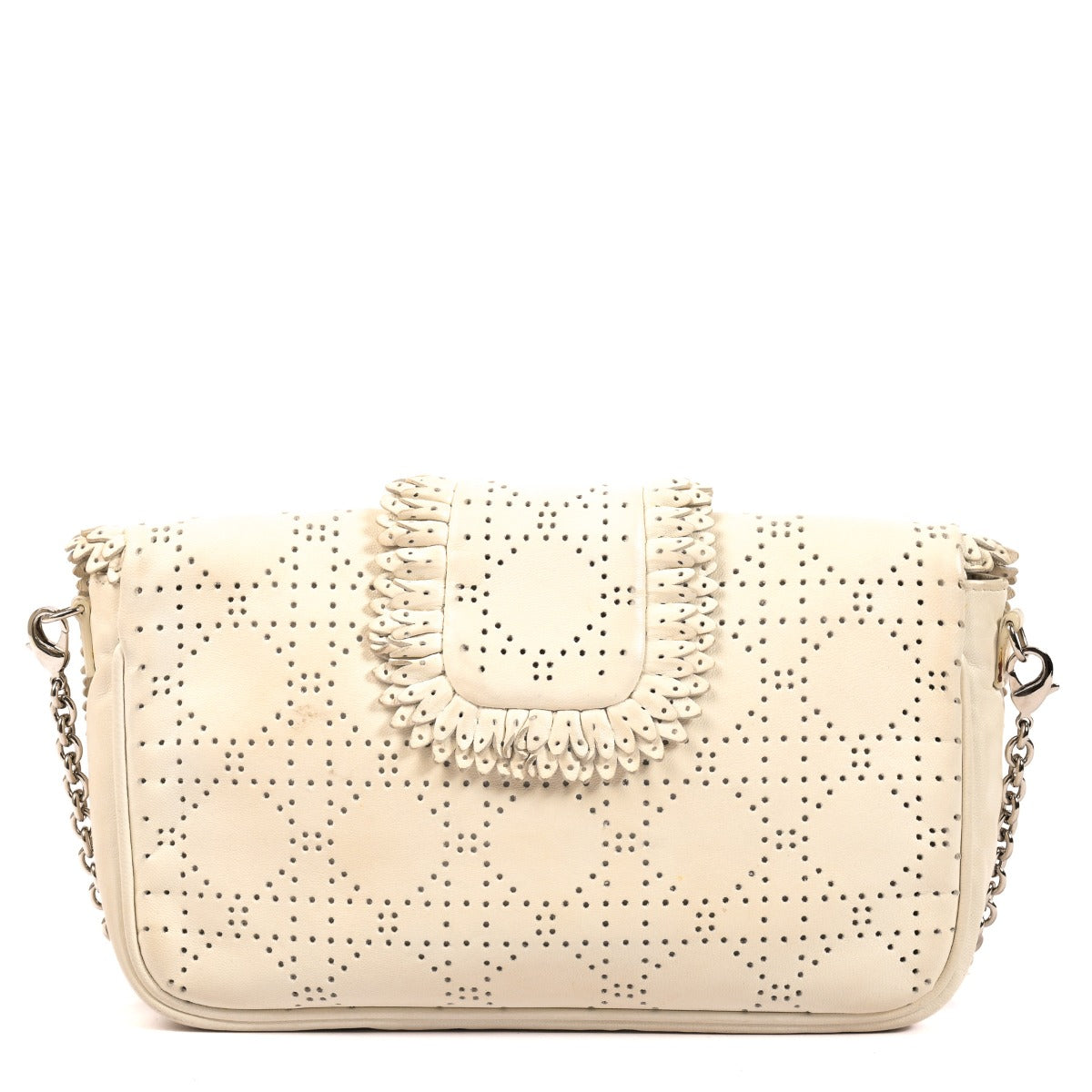 Christian Dior White Ruffle Cannage Perforated Lambskin New Lock Pouch