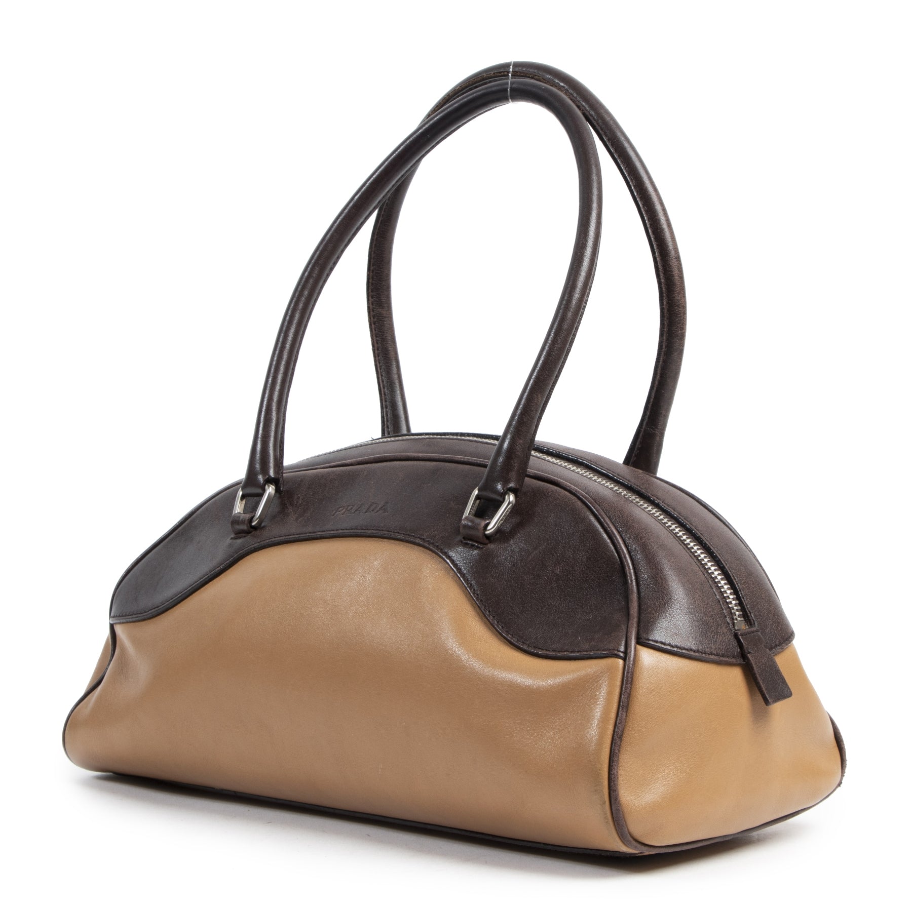 Authentieke Tweedehands Prada Duotone Bowling Bag juiste prijs veilig online shoppen luxe merken webshop winkelen Antwerpen België mode fashion