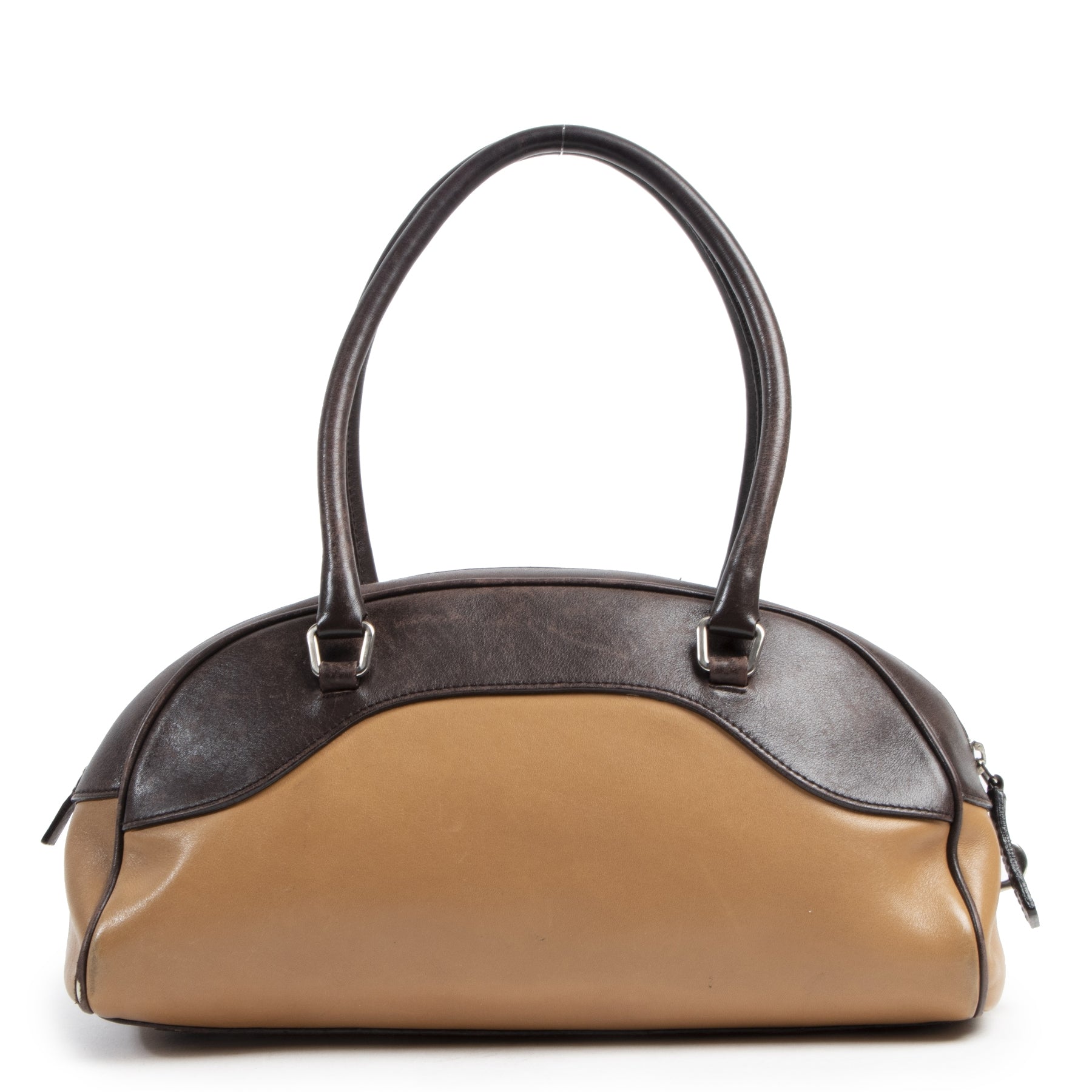 Authentieke Tweedehands Prada Duotone Bowling Bag juiste prijs veilig online shoppen luxe merken webshop winkelen Antwerpen België mode fashion