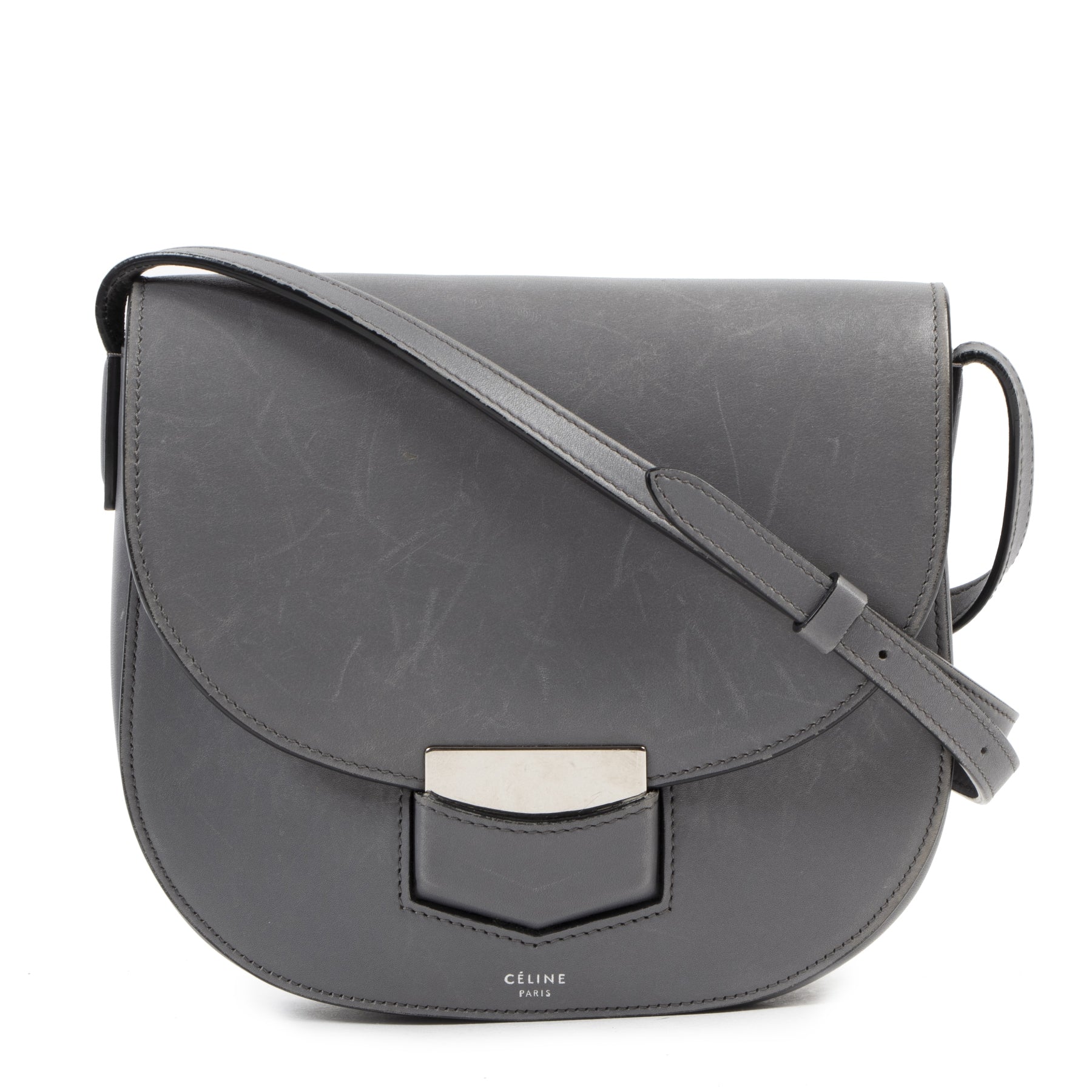 Authentic second-hand vintage Céline Small Grey Trotteur Crossbody Bag buy online webshop LabelLOV