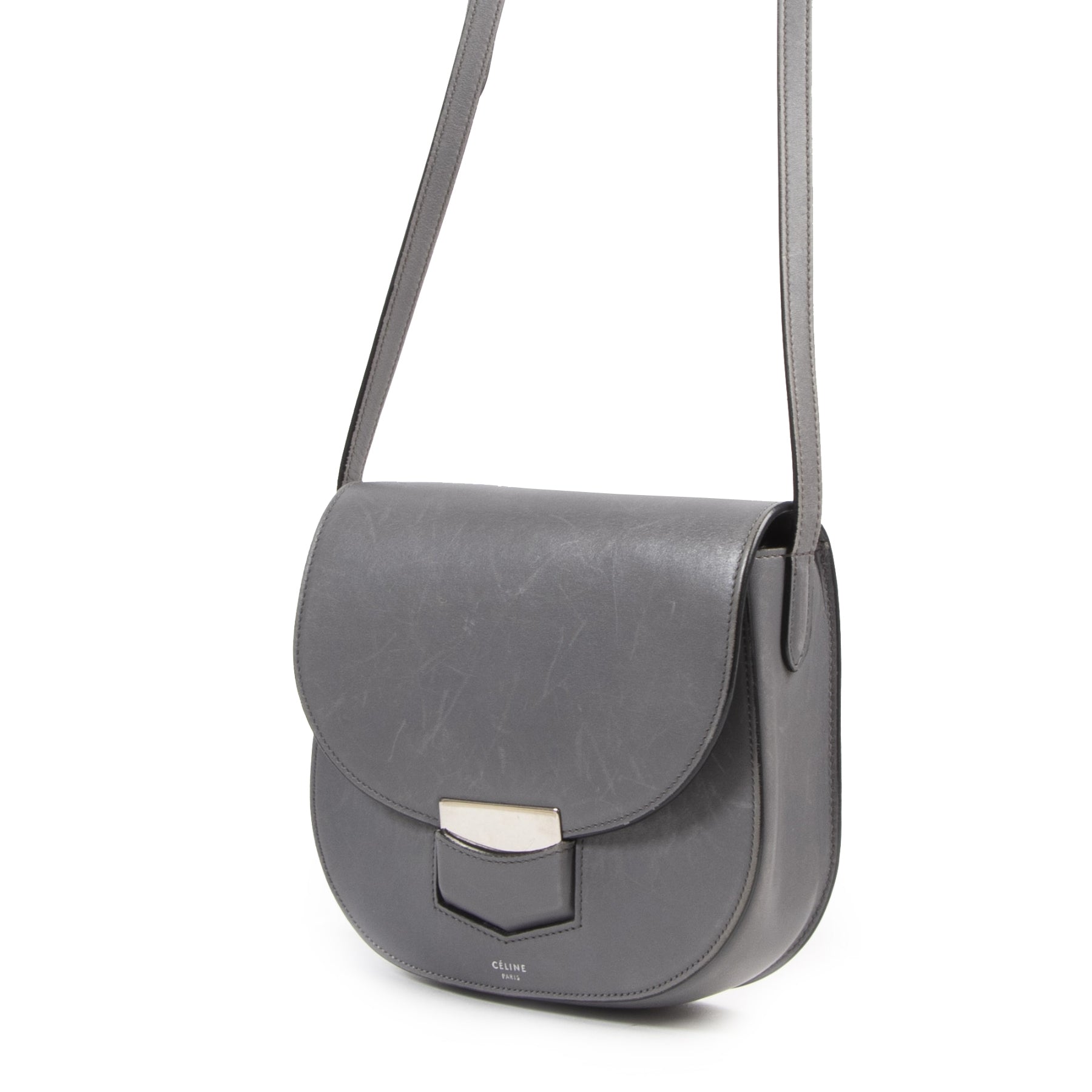 Authentieke tweedehands vintage Céline Small Grey Trotteur Crossbody Bag koop online webshop LabelLOV