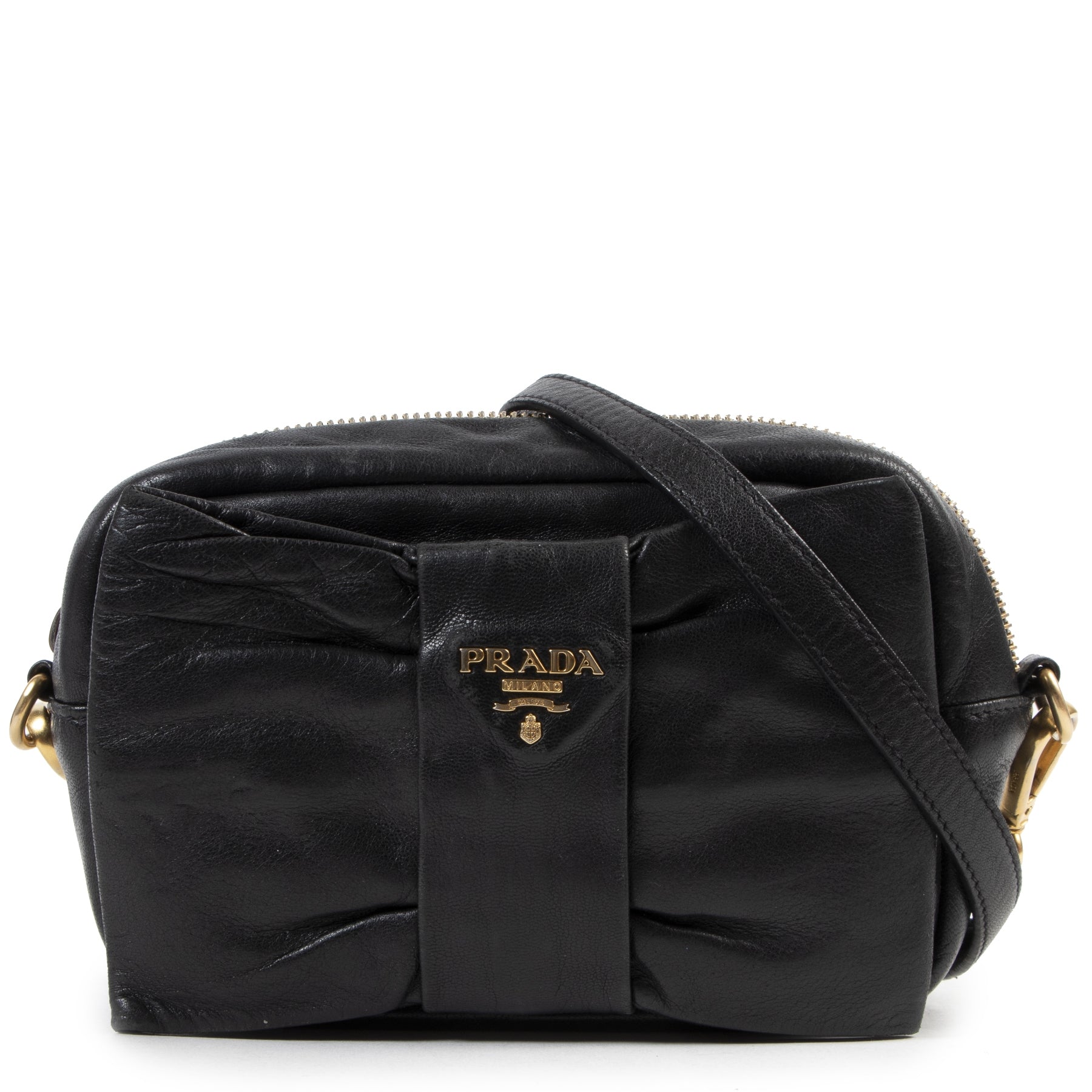 Authentieke Tweedehands Prada Black Bow Detail Crossbody Bag juiste prijs veilig online shoppen luxe merken webshop winkelen Antwerpen België mode fashion