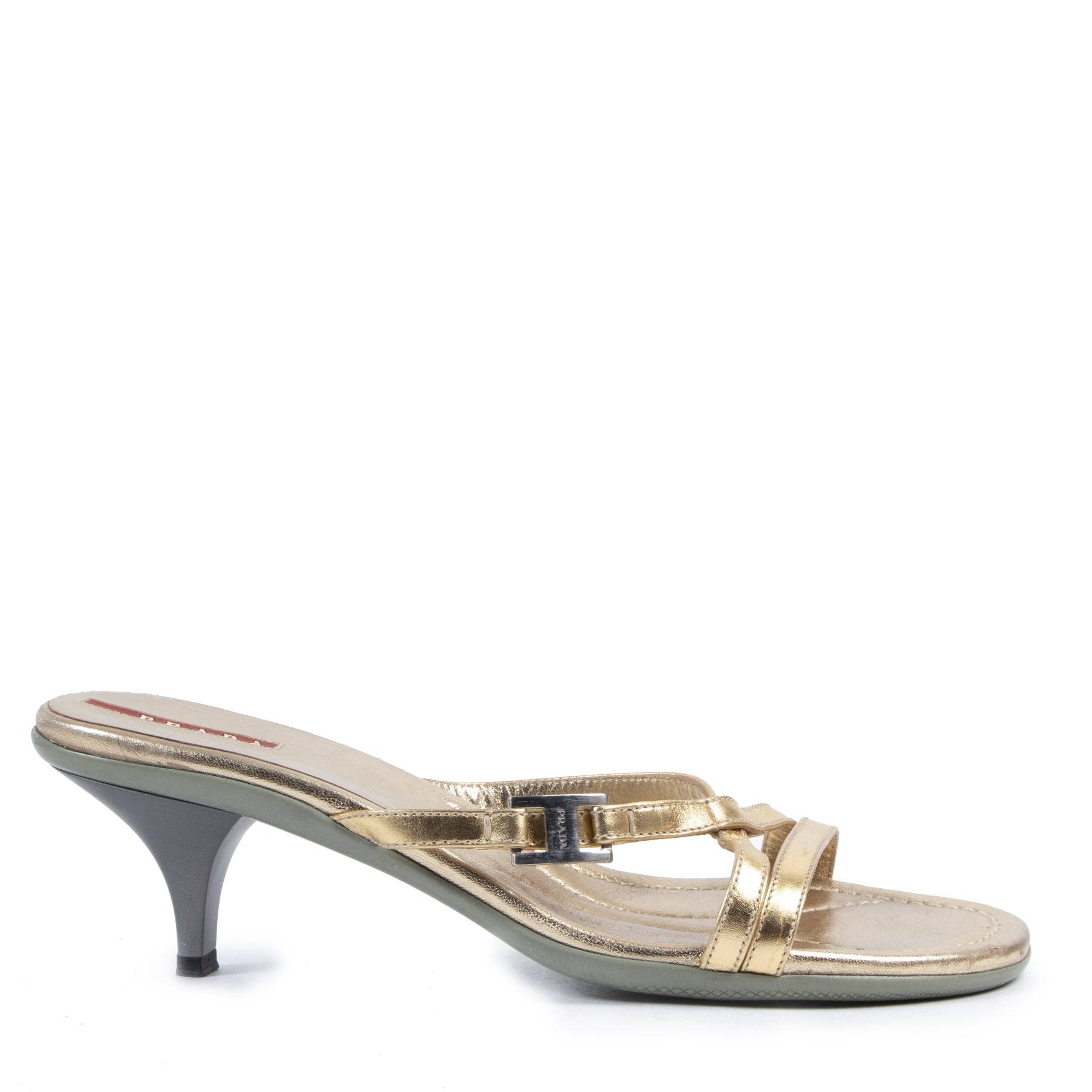 Authentieke Tweedehands Prada Gold Strappy Kitten Heels - Size 40 juiste prijs veilig online shoppen luxe merken webshop winkelen Antwerpen België mode fashion