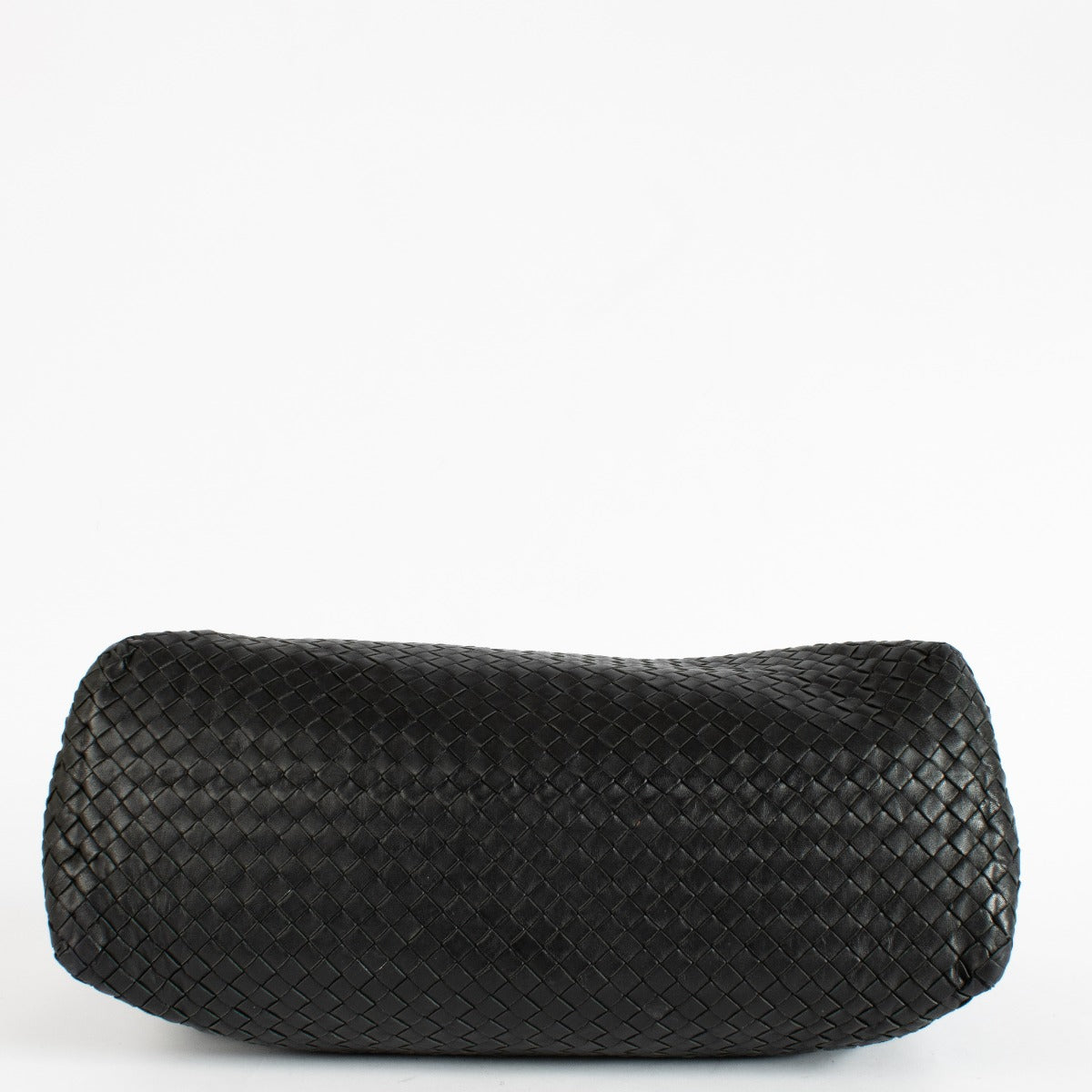 Black Bottega Veneta Intrecciato leather chain tote bag with woven design and spacious interior.