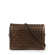 Buy online an authentic second hand Bottega Veneta Montebello Metallic Bronze Intrecciato Mini Crossbody Bag in very good condition at Labellov in Antwerp.