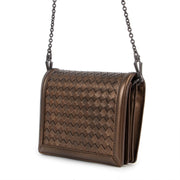 Buy online an authentic second hand Bottega Veneta Montebello Metallic Bronze Intrecciato Mini Crossbody Bag in very good condition at Labellov in Antwerp.