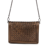 Buy online an authentic second hand Bottega Veneta Montebello Metallic Bronze Intrecciato Mini Crossbody Bag in very good condition at Labellov in Antwerp.