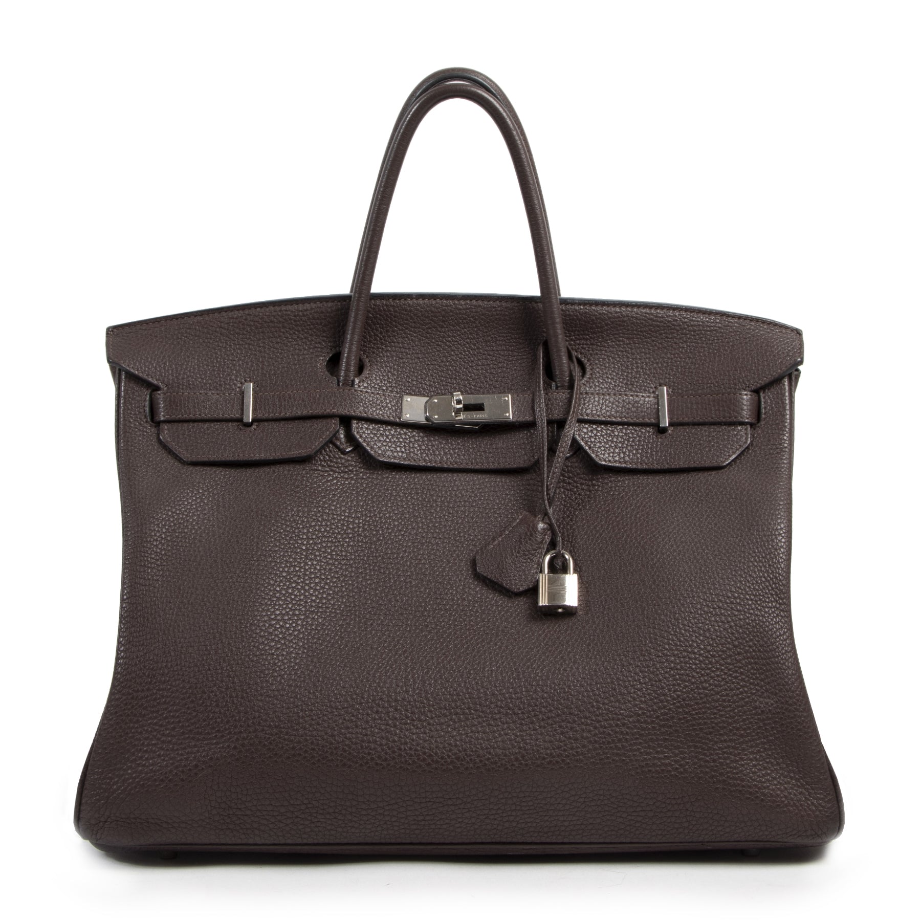 Authentic second-hand vintage Hermès Birkin 40 Clémence Chocolate PHW buy online webshop LabelLOV