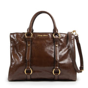 Authentieke Tweedehands Miu Miu Vitello Shine Brown Leather Satchel juiste prijs veilig online shoppen luxe merken webshop winkelen Antwerpen België mode fashion