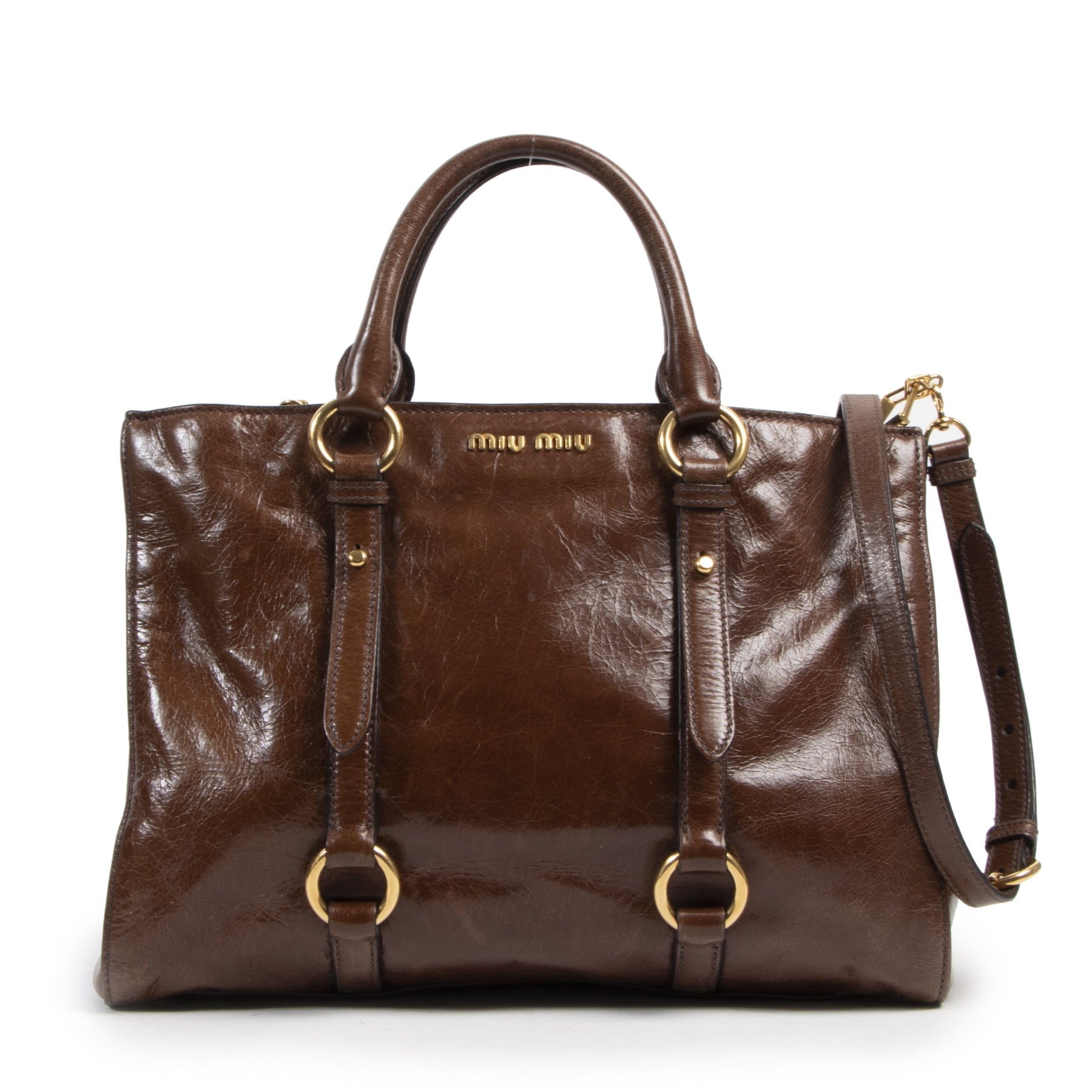 Authentieke Tweedehands Miu Miu Vitello Shine Brown Leather Satchel juiste prijs veilig online shoppen luxe merken webshop winkelen Antwerpen België mode fashion
