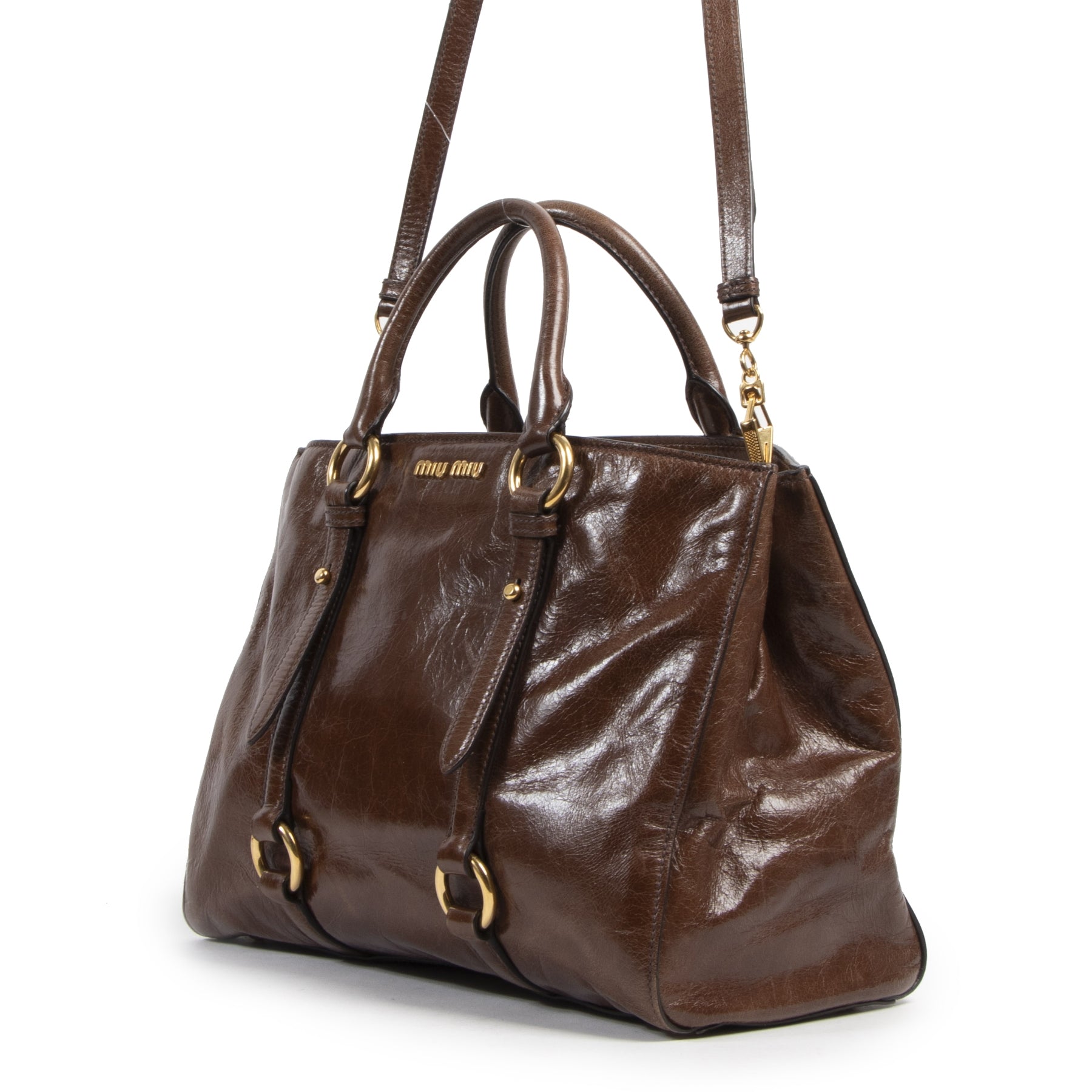 Authentic secondhand Miu Miu Vitello Shine Brown Leather Satchel designer bags fashion luxury vintage webshop safe secure online shopping designer high end brands leather bags