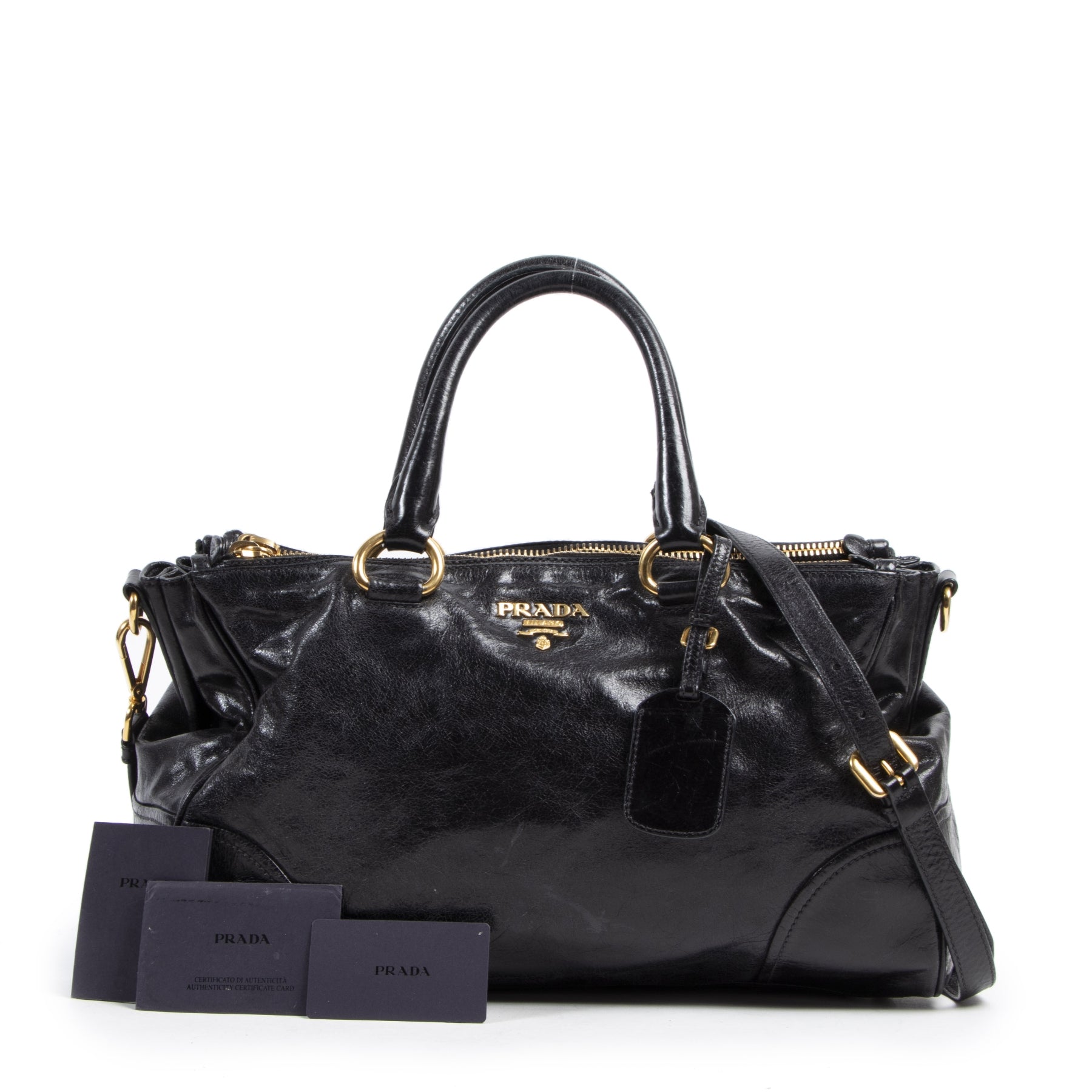 Authentic secondhand Prada Vitello Shine Black Patent Leather Satchel designer bags fashion luxury vintage webshop high end designer brands leather bags safe and secure online shopping