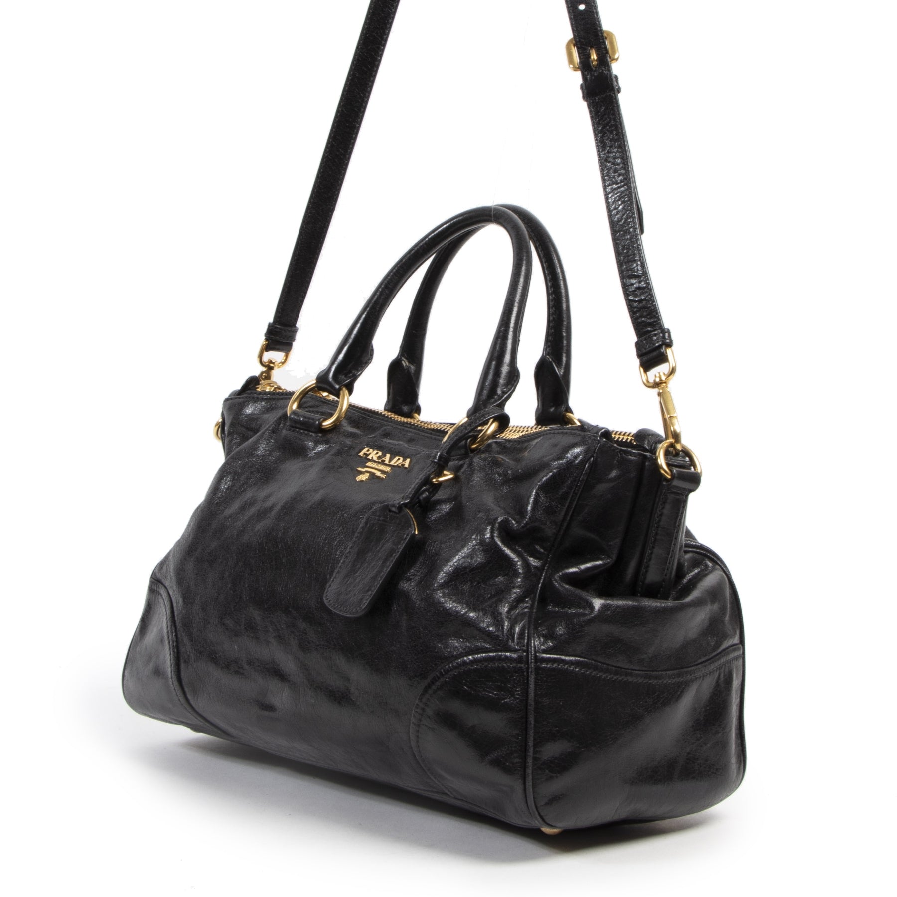 Authentic secondhand Prada Vitello Shine Black Patent Leather Satchel designer bags fashion luxury vintage webshop high end designer brands leather bags safe and secure online shopping