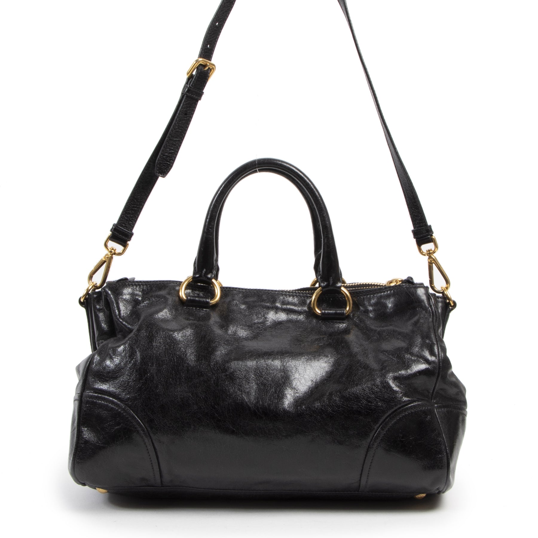 Authentieke Tweedehands Prada Vitello Shine Black Patent Leather Satchel juiste prijs veilig online shoppen luxe merken webshop winkelen Antwerpen België mode fashion