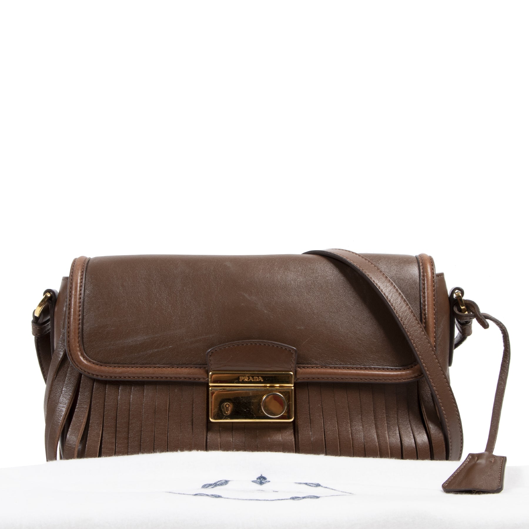 Authentic secondhand Prada Brown Fringe Crossbody Bag designer bags fashion luxury vintage webshop safe secure online shopping designer high end brands