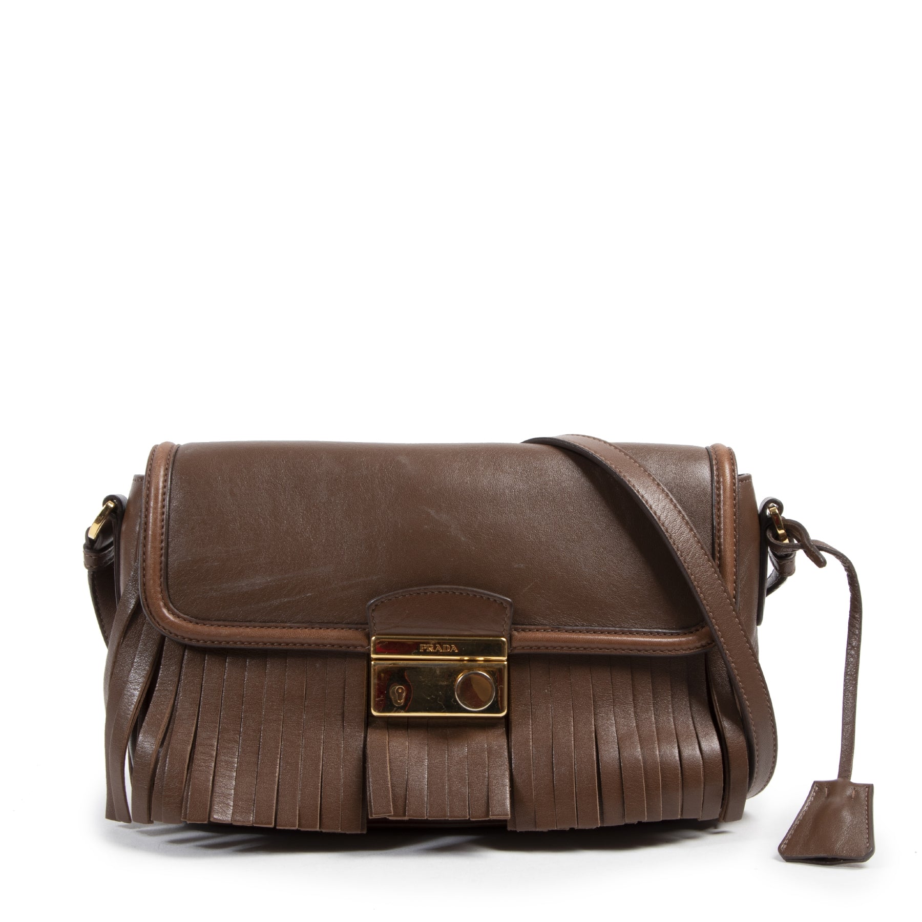 Authentieke Tweedehands Prada Brown Fringe Crossbody Bag juiste prijs veilig online shoppen luxe merken webshop winkelen Antwerpen België mode fashion