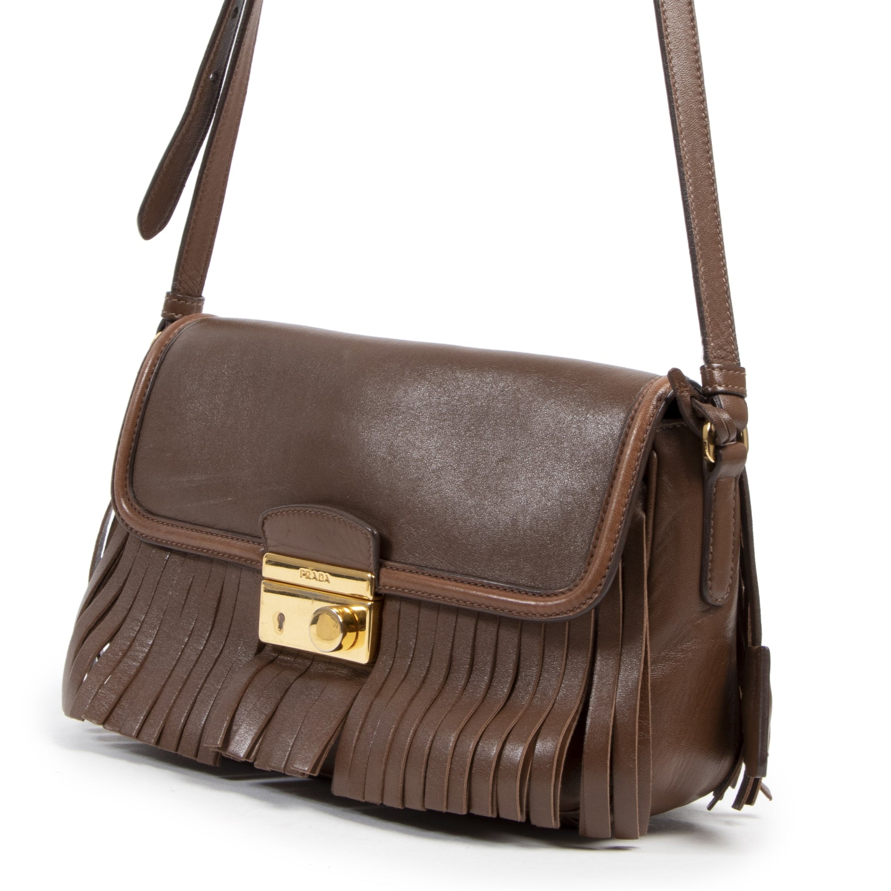 Authentic secondhand Prada Brown Fringe Crossbody Bag designer bags fashion luxury vintage webshop safe secure online shopping designer high end brands