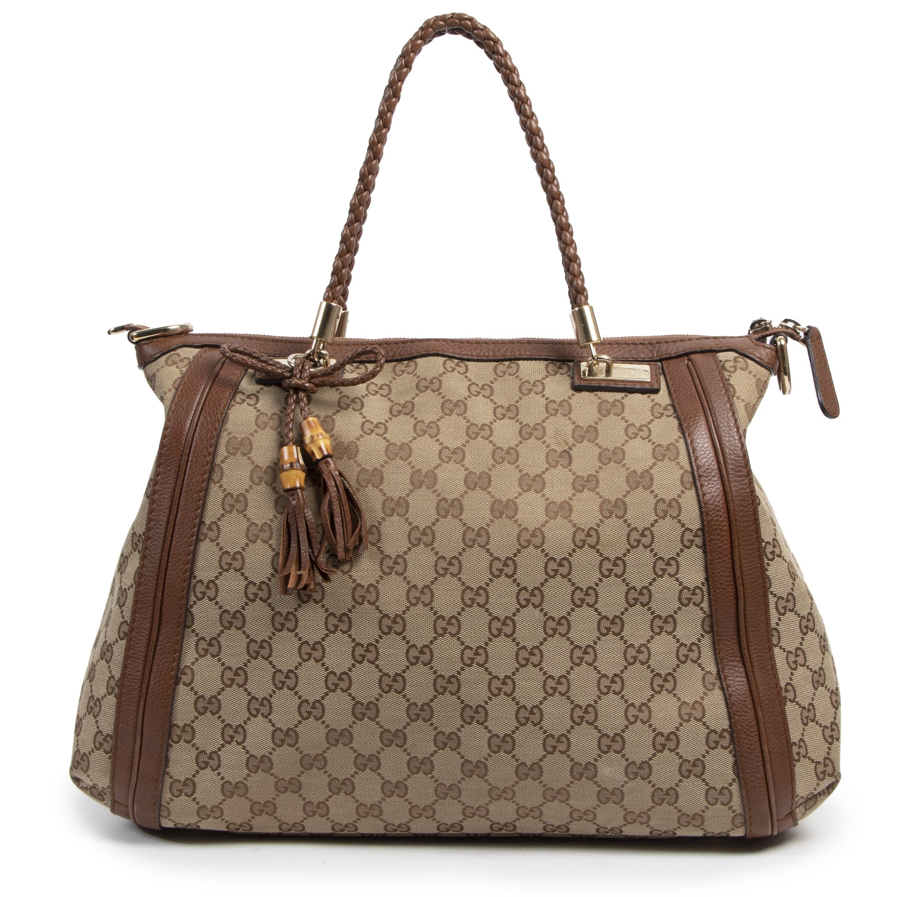 Authentieke Tweedehands Gucci Bella Monogram Canvas Tote Satchel Bag juiste prijs veilig online shoppen luxe merken webshop winkelen Antwerpen België mode fashion