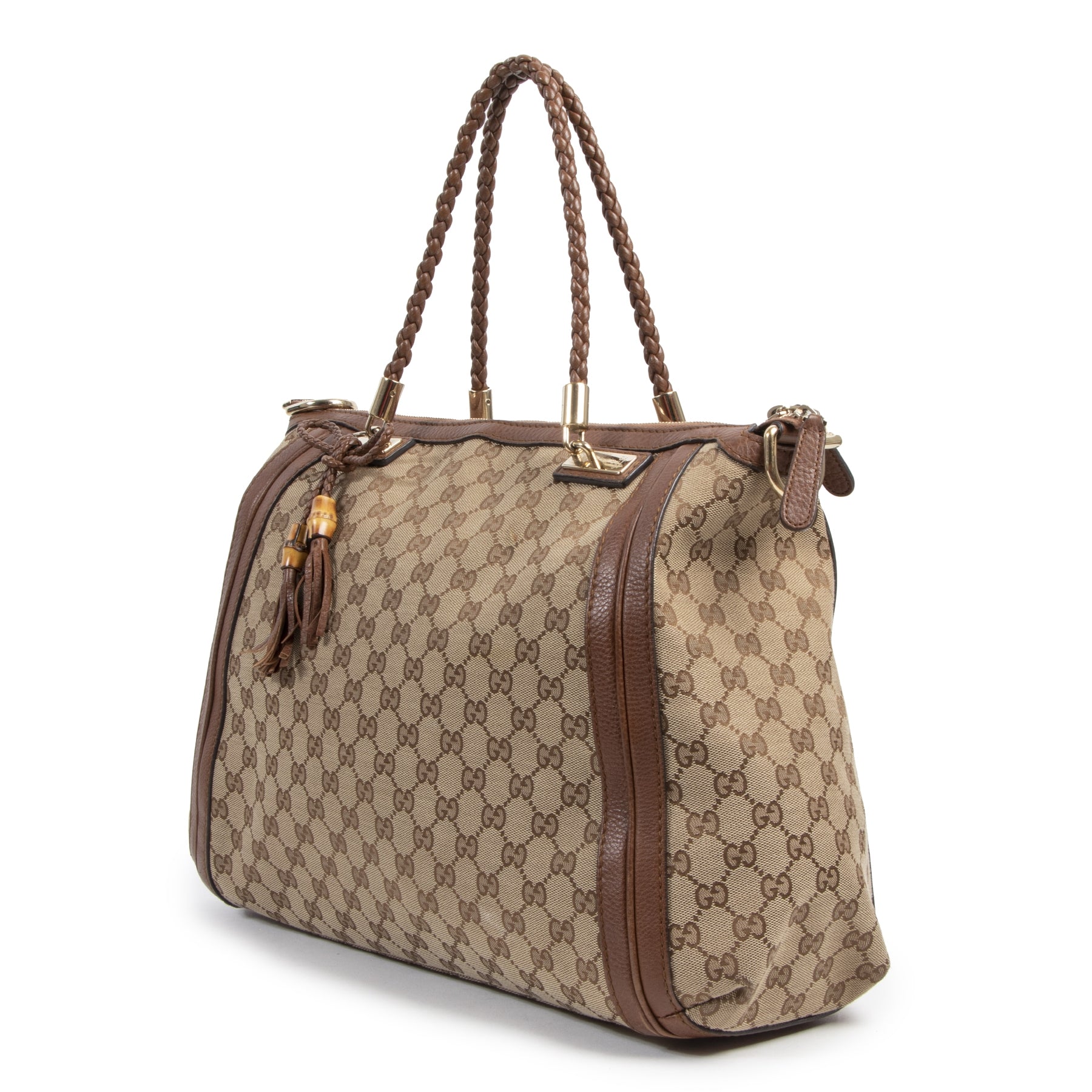 Authentieke Tweedehands Gucci Bella Monogram Canvas Tote Satchel Bag juiste prijs veilig online shoppen luxe merken webshop winkelen Antwerpen België mode fashion