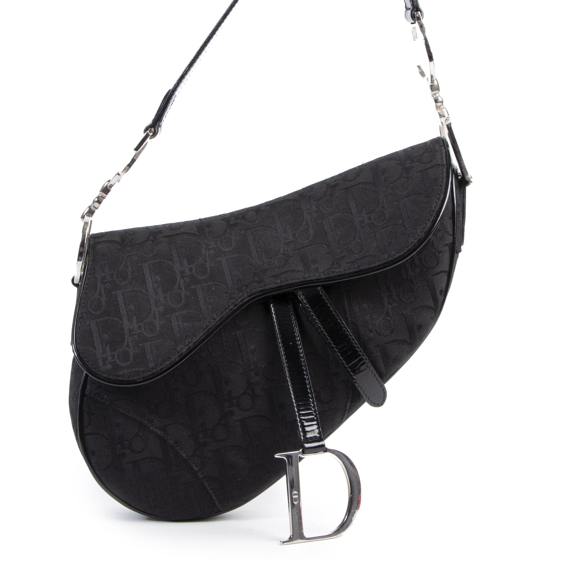 Authentieke Tweedehands Christian Dior Black Monogram Canvas Saddle Bag juiste prijs veilig online shoppen luxe merken webshop winkelen Antwerpen België mode fashion