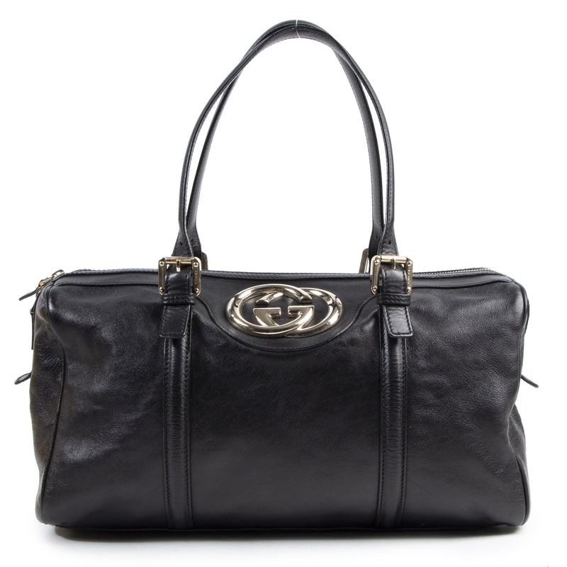 Authentieke Tweedehands Gucci Black Leather Shoulder Bag juiste prijs veilig online shoppen luxe merken webshop winkelen Antwerpen België mode fashion