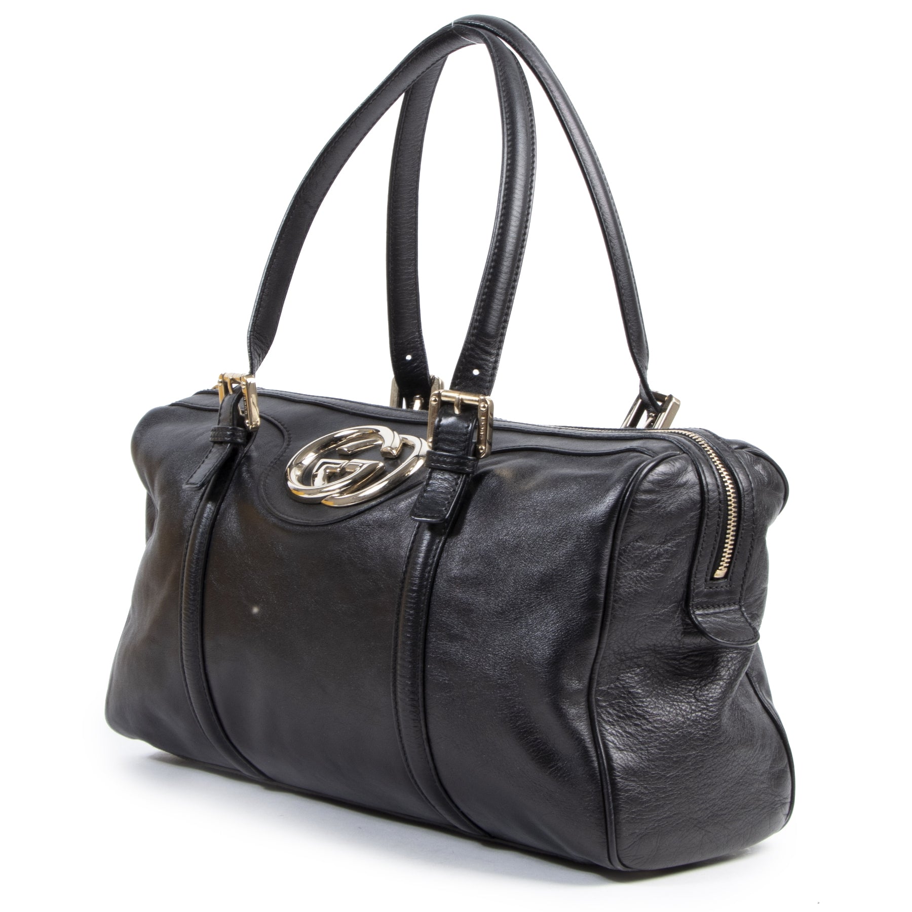 Authentieke Tweedehands Gucci Black Leather Shoulder Bag juiste prijs veilig online shoppen luxe merken webshop winkelen Antwerpen België mode fashion