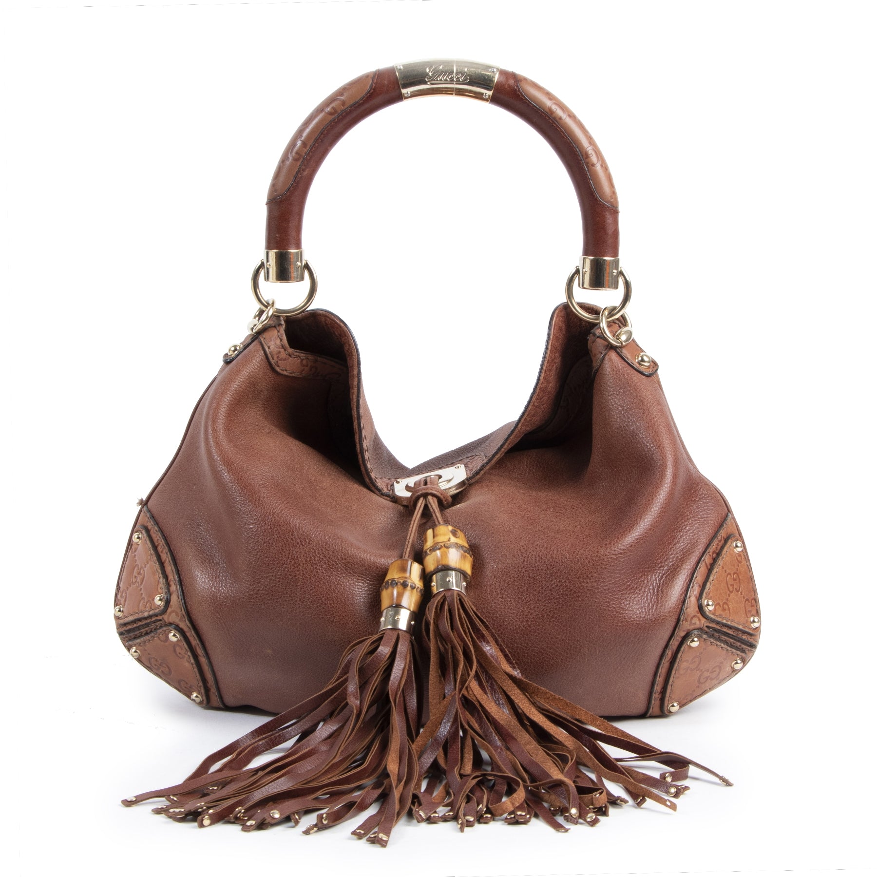 Authentic secondhand Gucci Brown Leather Indy Bamboo Top Handle Bag designer bags fashion luxury vintage webshop safe secure online shopping high end designer brands leather bags