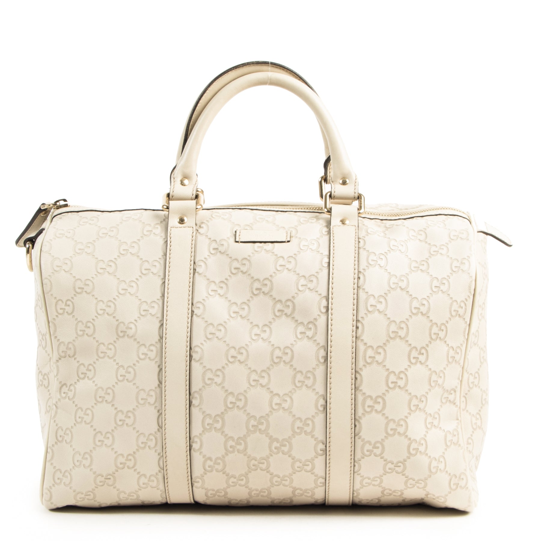 Authentieke Tweedehands Gucci Cream Monogram Boston Bag juiste prijs veilig online shoppen luxe merken webshop winkelen Antwerpen België mode fashion