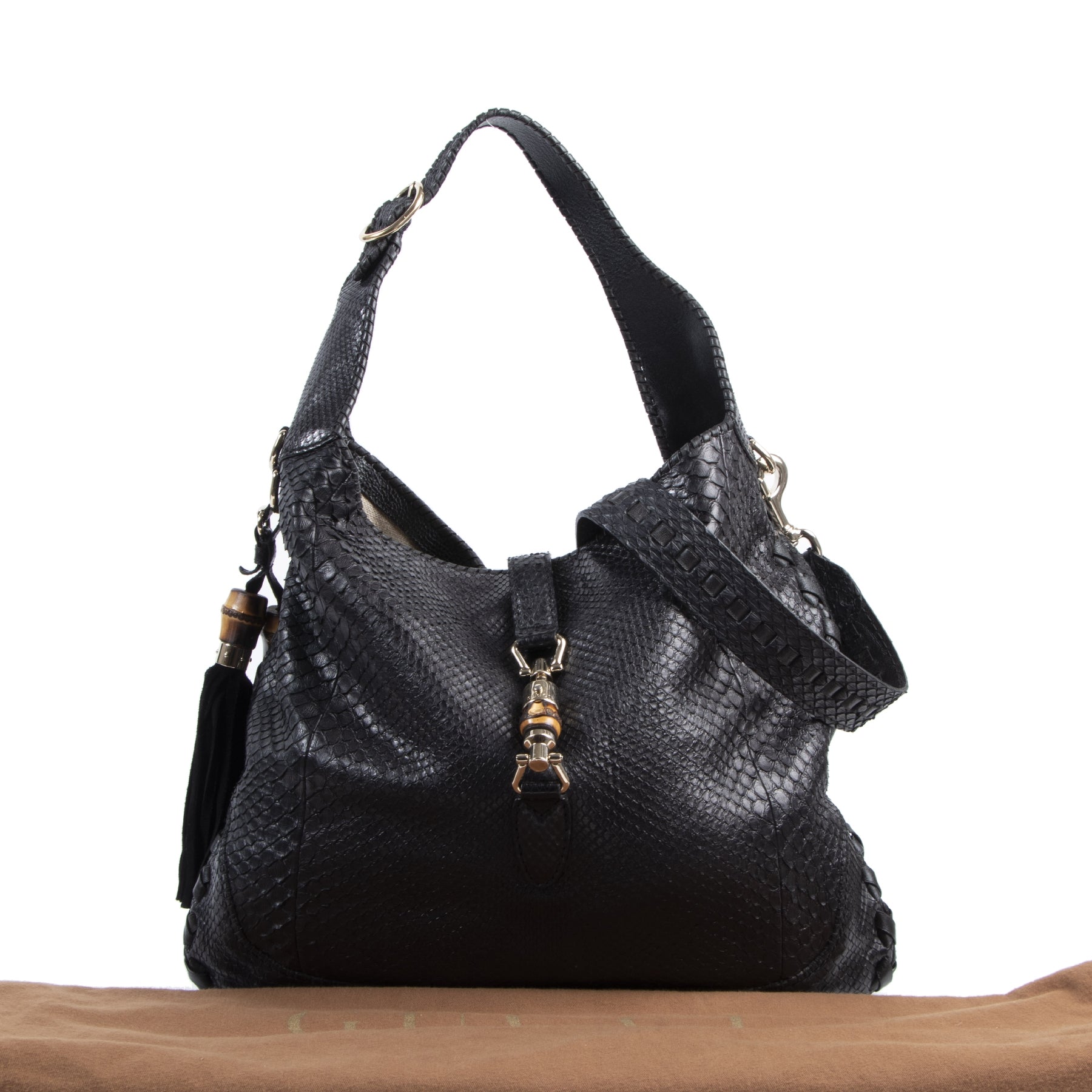 Authentic secondhand Gucci Black Python Jackie Hobo Leather Bag designer bags fashion luxury vintage webshop safe secure online shopping high end designer brands leather bags