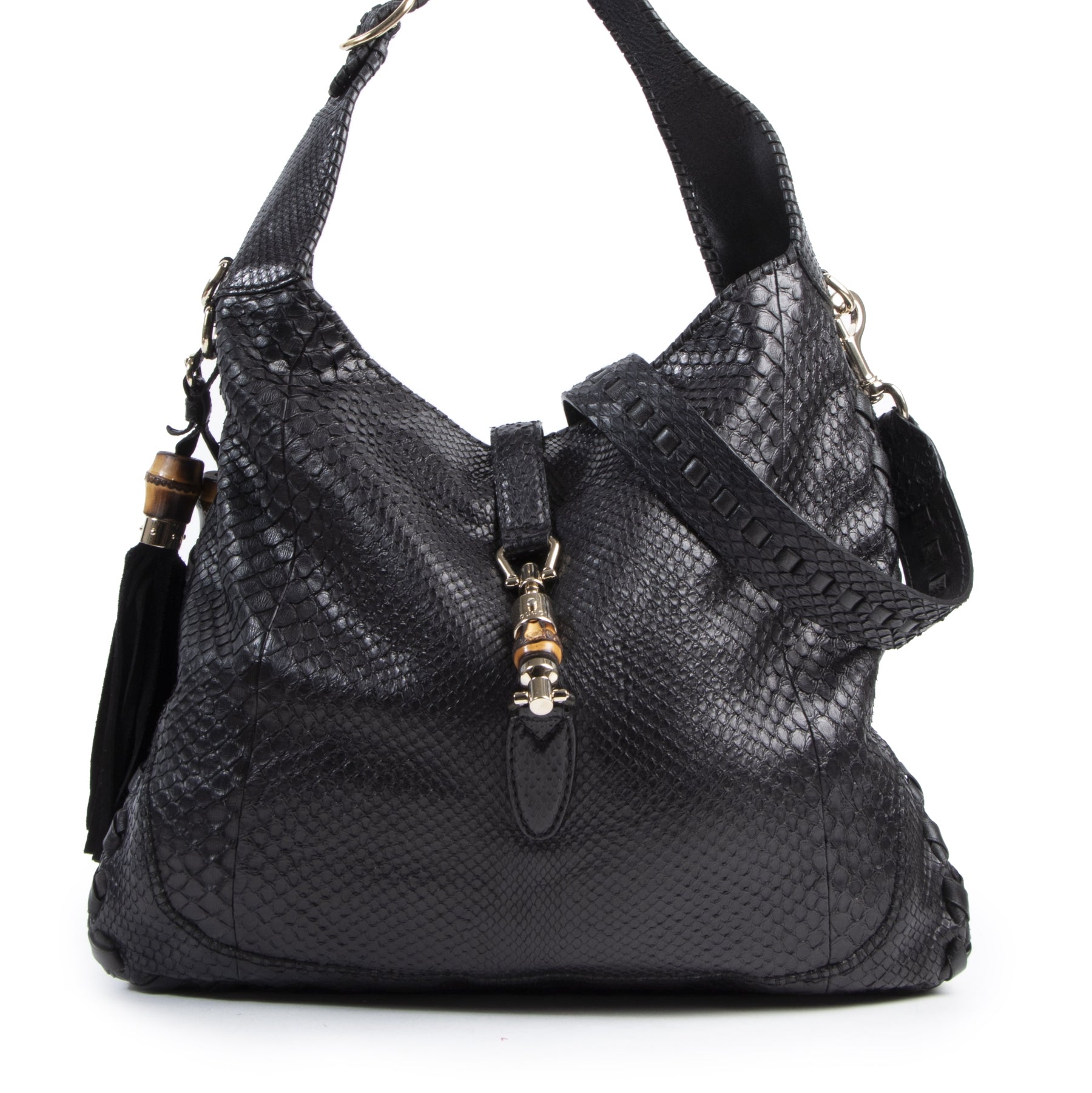 Authentieke Tweedehands Gucci Black Python Jackie Hobo Leather Bag juiste prijs veilig online shoppen luxe merken webshop winkelen Antwerpen België mode fashion