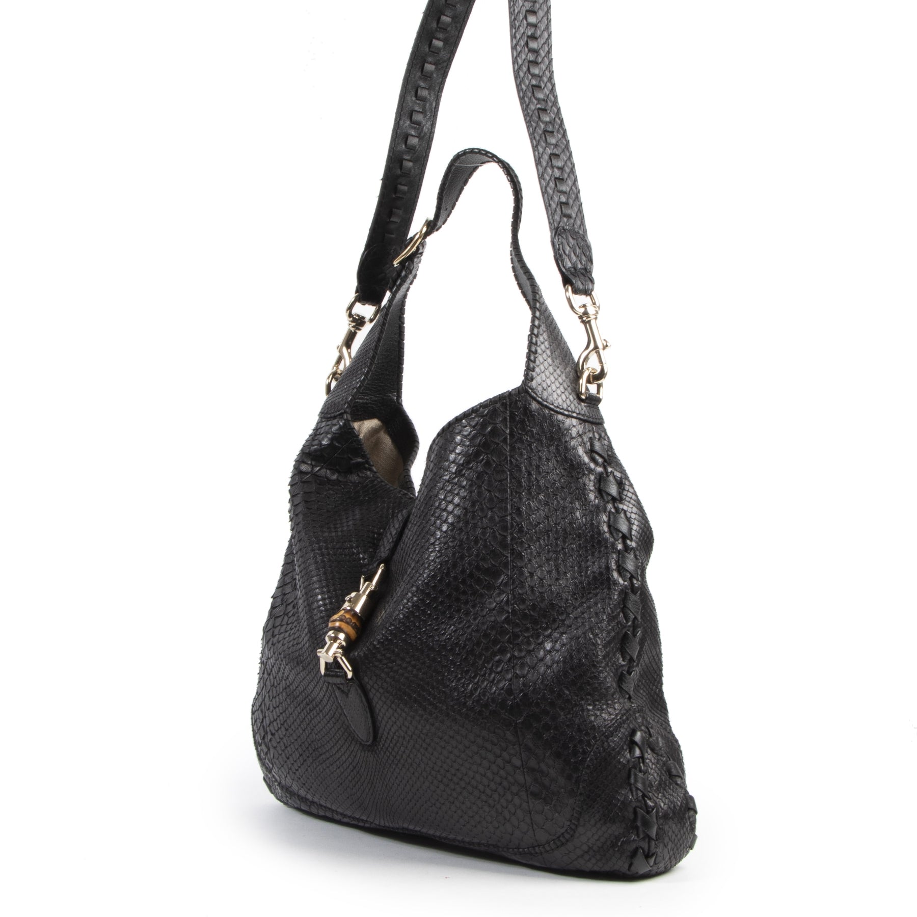 Authentic secondhand Gucci Black Python Jackie Hobo Leather Bag designer bags fashion luxury vintage webshop safe secure online shopping high end designer brands leather bags